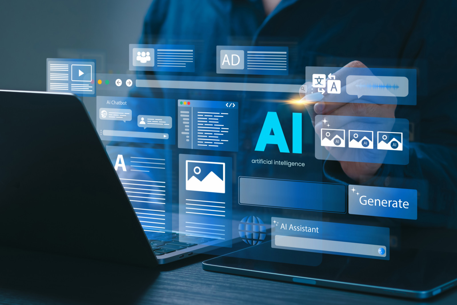 Artificial Intelligence Content Generator. A man uses a laptop to interact with AI assistant. AI offers functions like chatbot, generate images, write code, writer bot, translate and advertising. (Photo: Boy Wirat / Getty Images)
