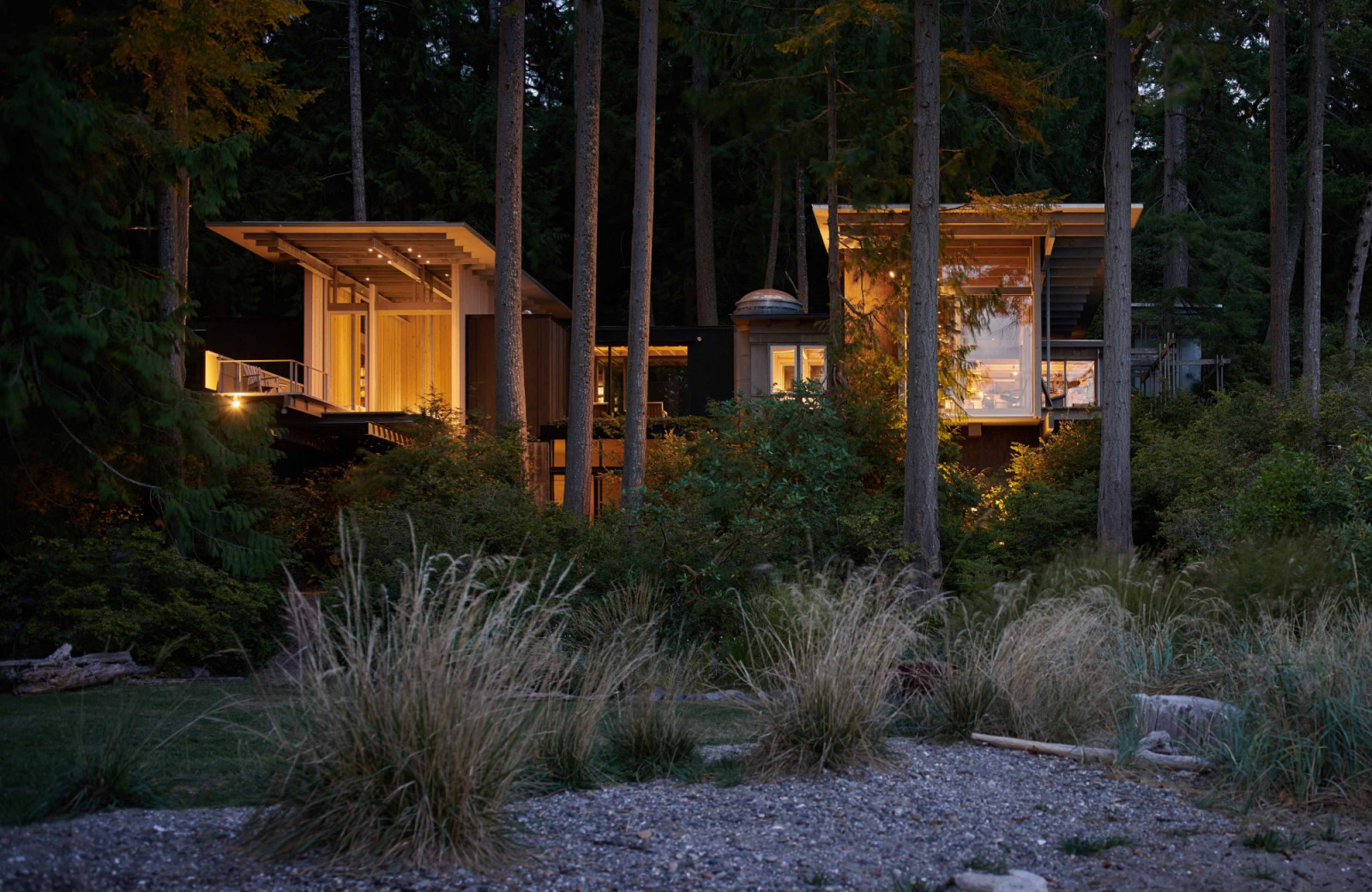 In the evening, the interior of the cabin glows golden