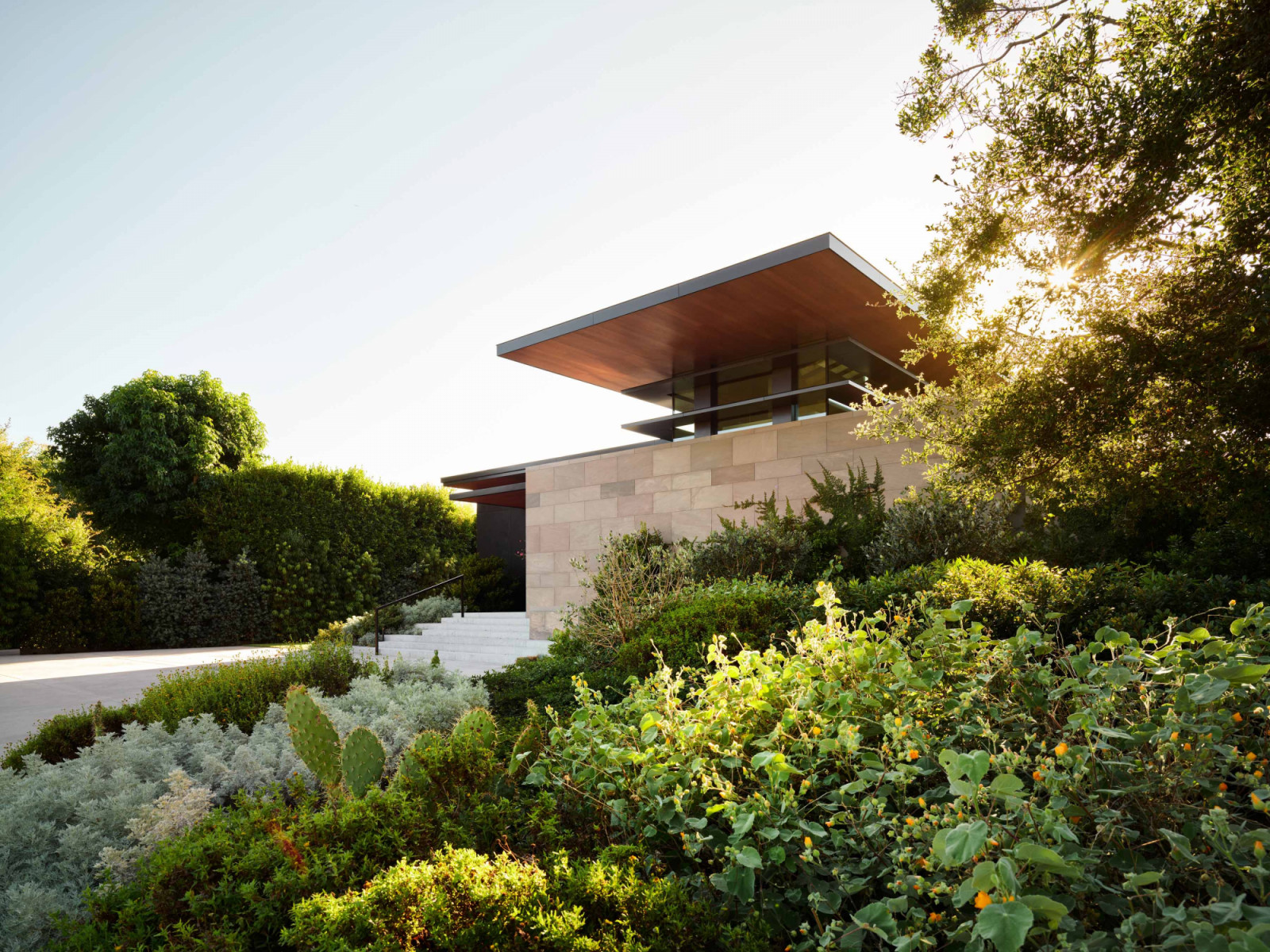 The cantilevered roof of the Infinity House peeking out from outside
