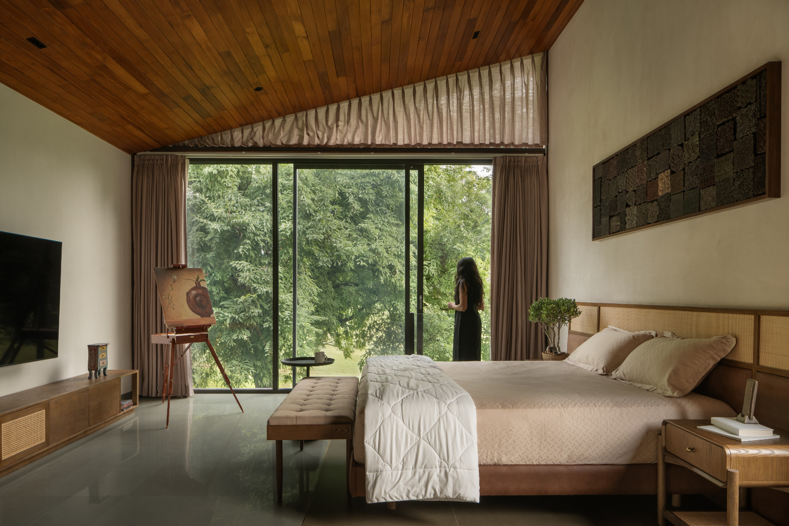 The bedroom of the Bangalore, India home designed by 4Brick Studio