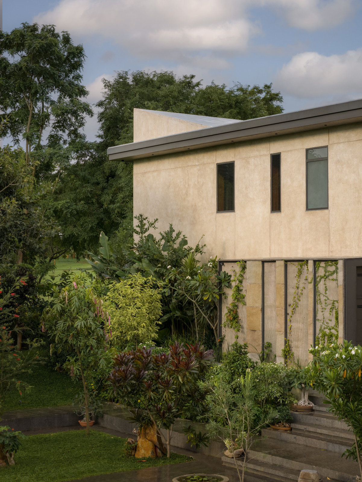 The outdoor area of the Bangalore, India home designed by 4Brick Studio