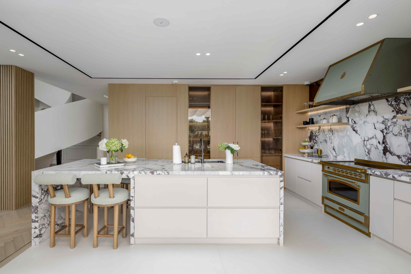 The show kitchen with Calacatta Viola marble countertops