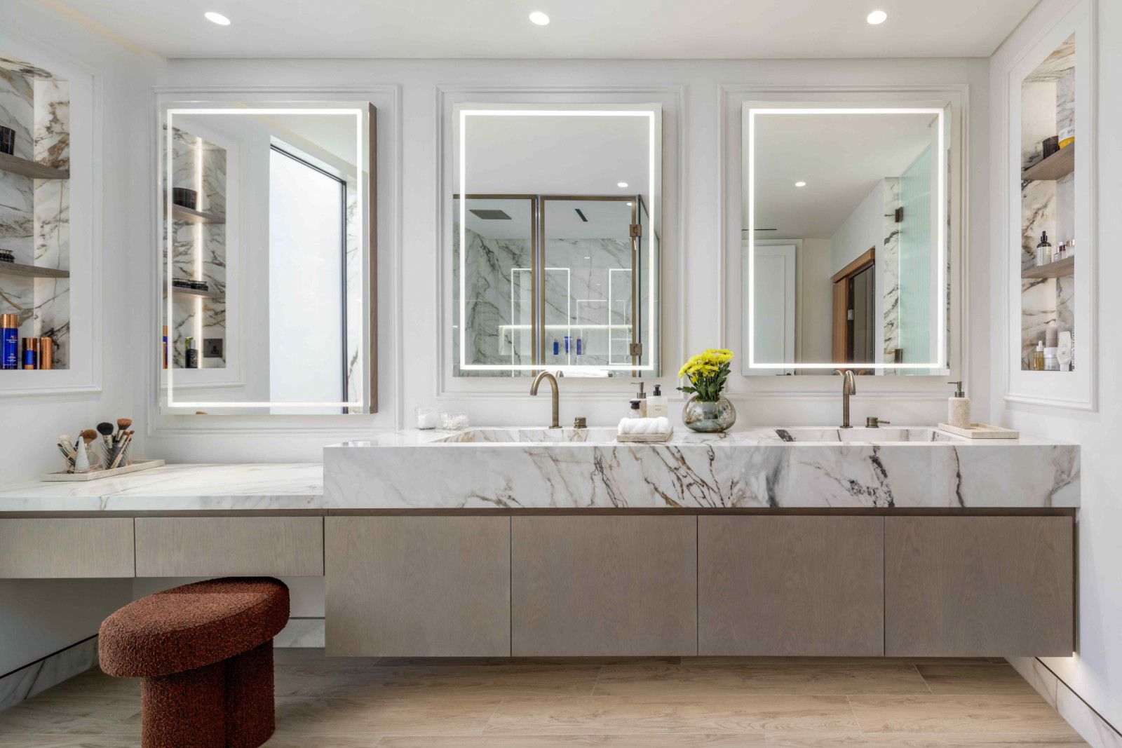 The master bathroom with a quartzite vanity top