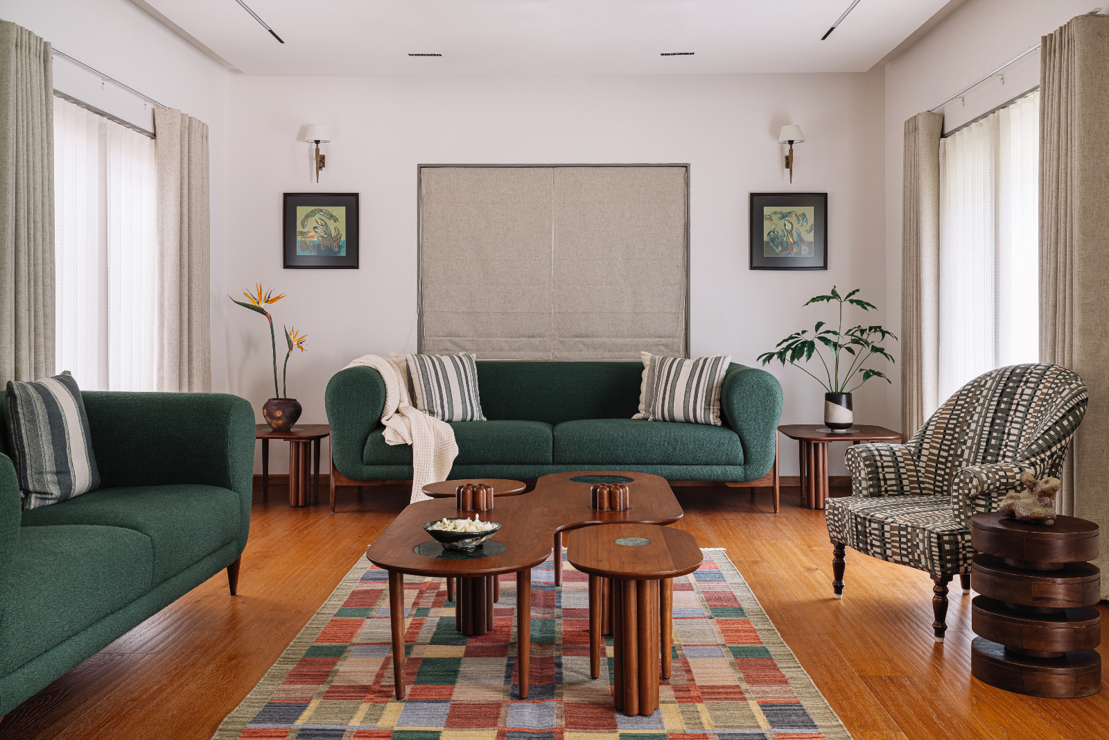 The living room of a multigenerational family home in Ahmedabad, India, designed by Compartment S4