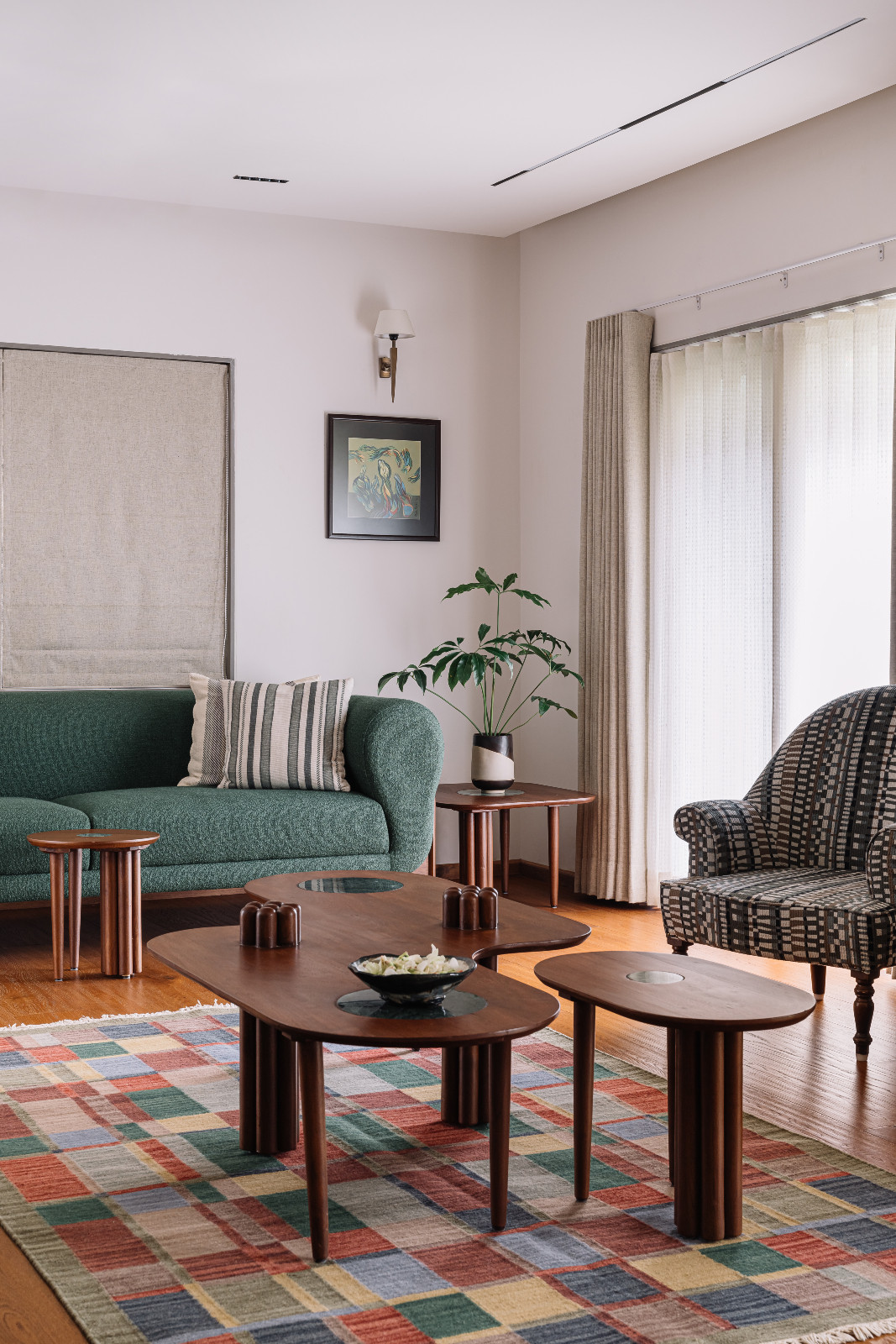 The living room of a multigenerational family home in Ahmedabad, India, designed by Compartment S4