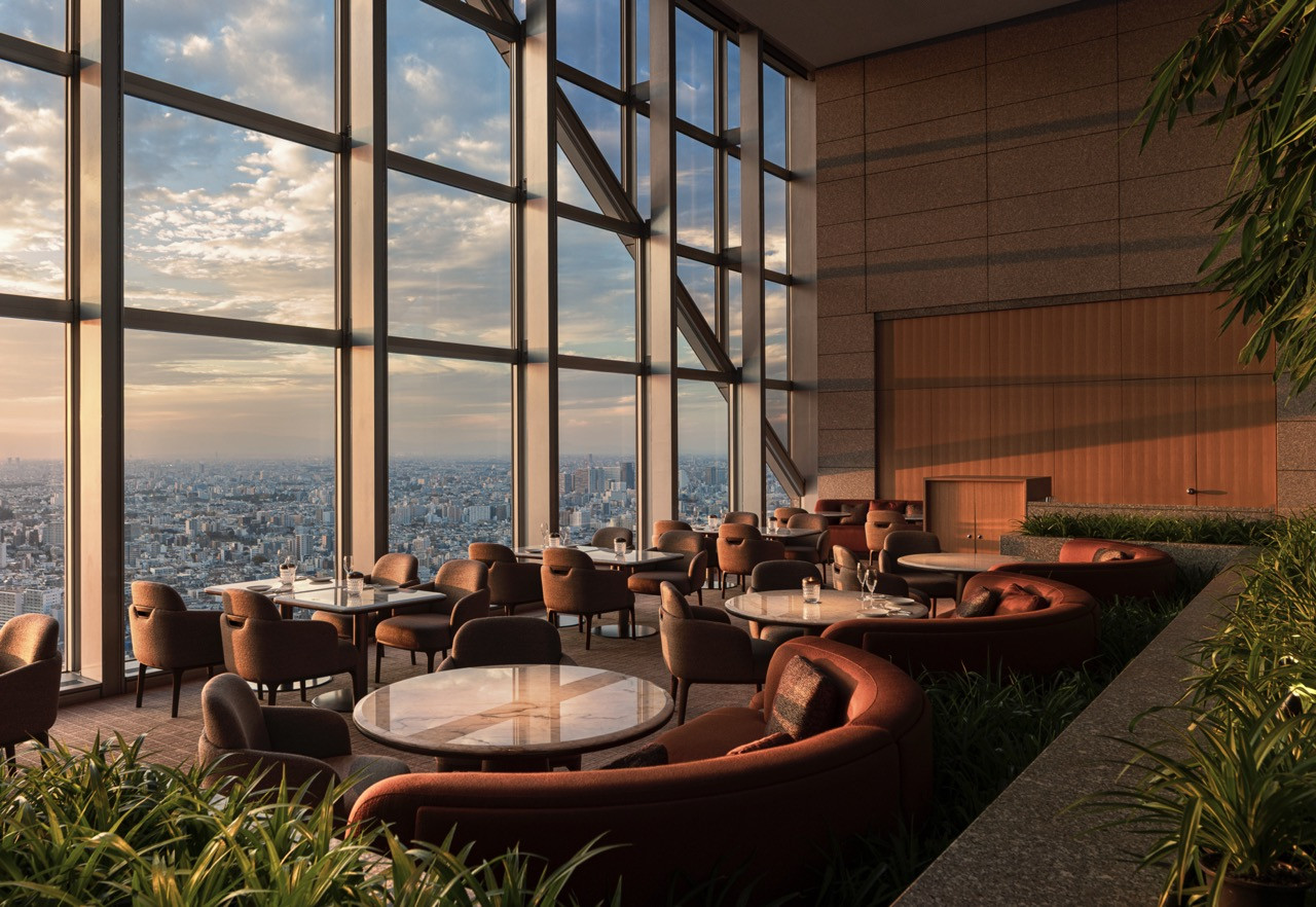 Curved banquette seating in The Peak Lounge frames views across the city, with custom furniture designed to complement the architecture (Photo: Park Hyatt Tokyo by Jouin Manku © Yongjoon Choi)