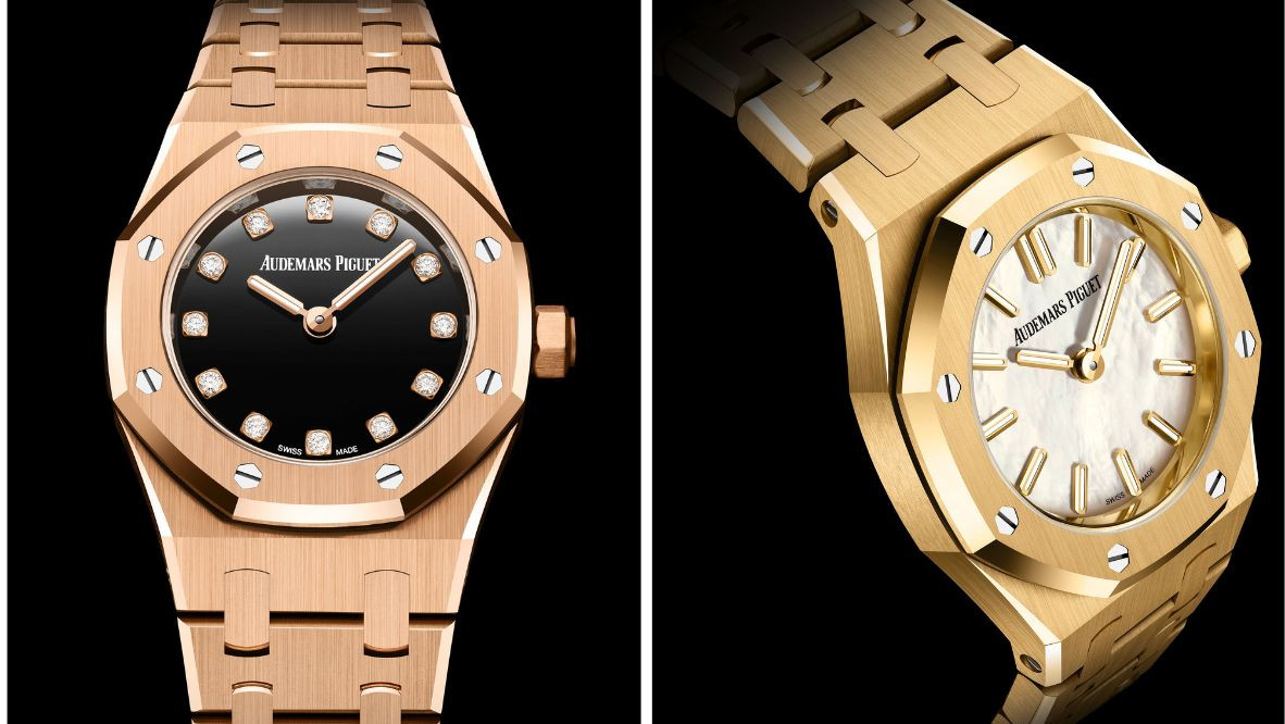 Royal Oak Mini in pink gold with onyx dial (left) and in yellow gold with mother-of-pearl dial