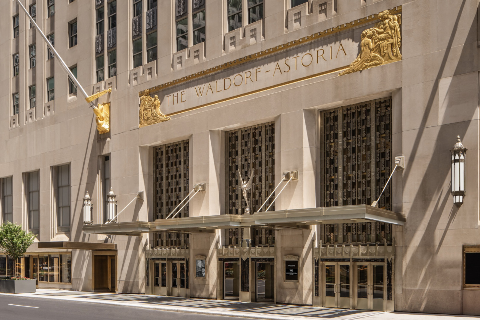 The restored Park Avenue entrance of Waldorf Astoria New York, one of the most celebrated film hotels in cinema history