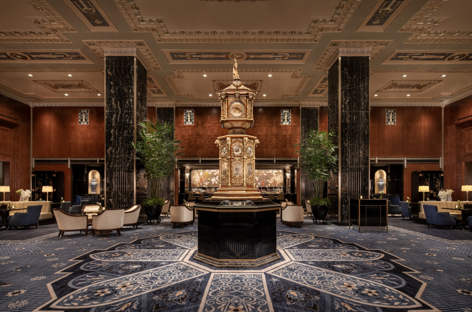 The 1893 World’s Fair Clock anchors Peacock Alley, restored during the eight-year renovation that transformed this historic film hotel