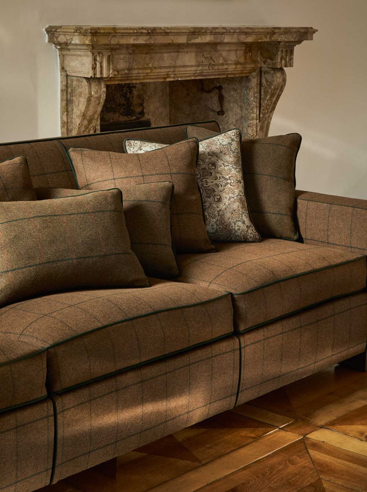 Bespoke Loro Piana sofa in cashmere check and Anahita cushion