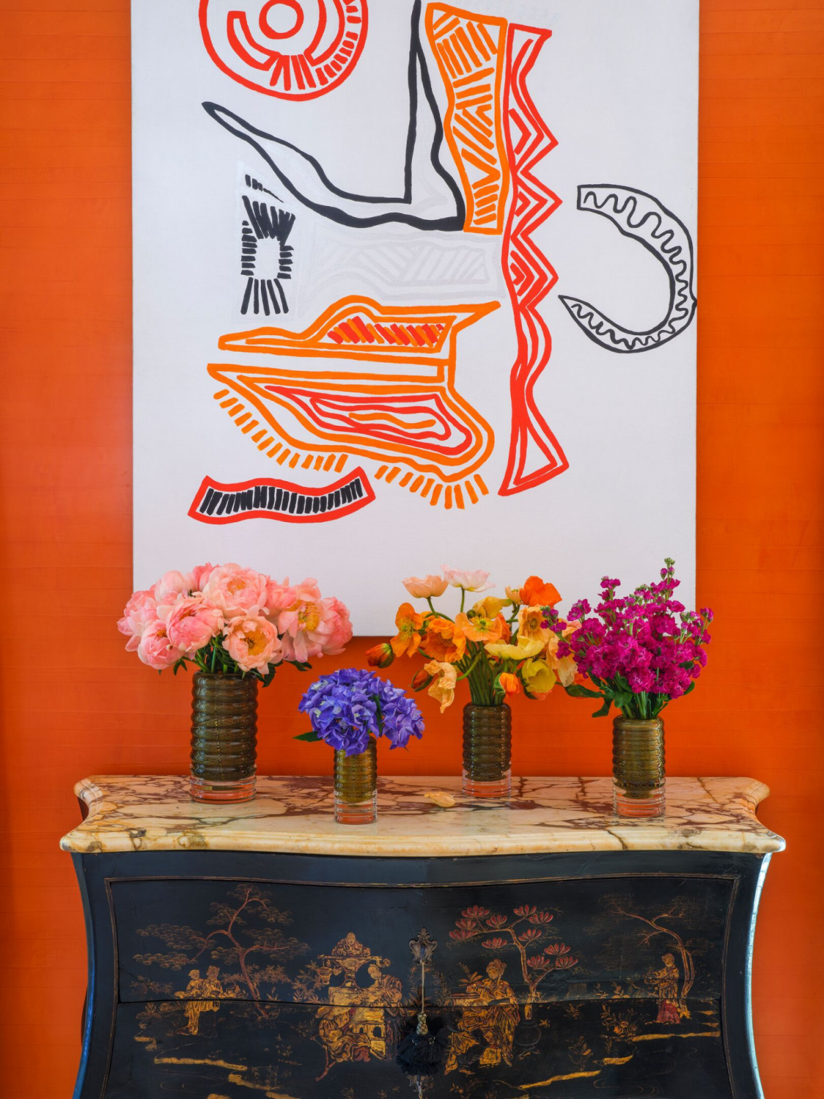 Vibrant contemporary art and lacquered chinoiserie furniture demonstrate Peter Marino’s commitment to layering three distinct artistic eras throughout this legendary Venice film hotel