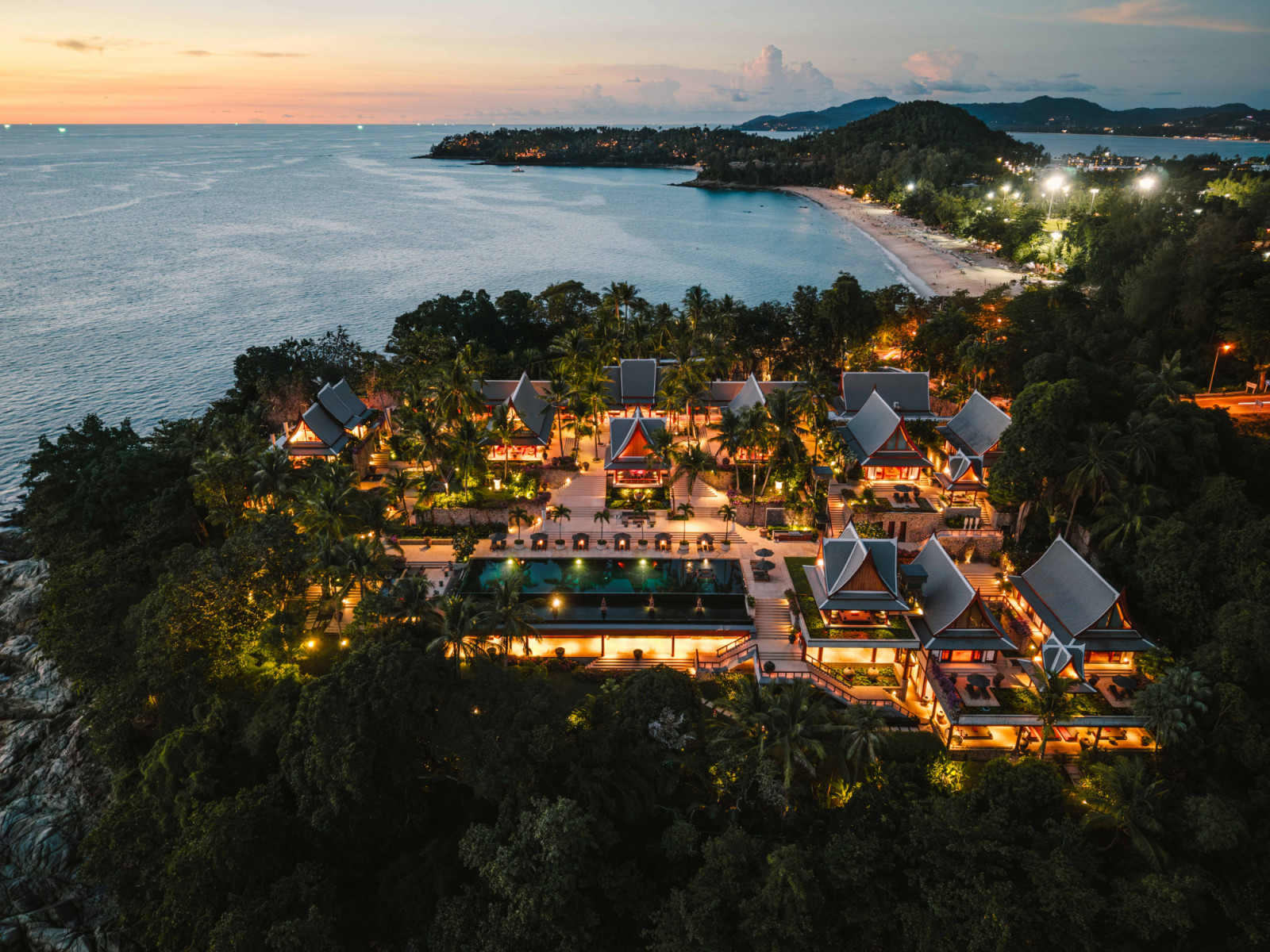 An aerial view of Chandara, its name derived from chandra, the Sanskrit word for moon, a reference to the estate’s serene, luminous presence above the Andaman Sea