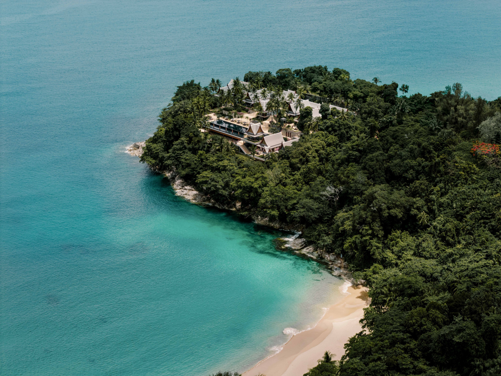 Aerial view of Chandara above Laem Singh Beach, a secluded stretch of sand accessible by land only from the estate and a handful of neighbouring plots, and otherwise reachable only by boat