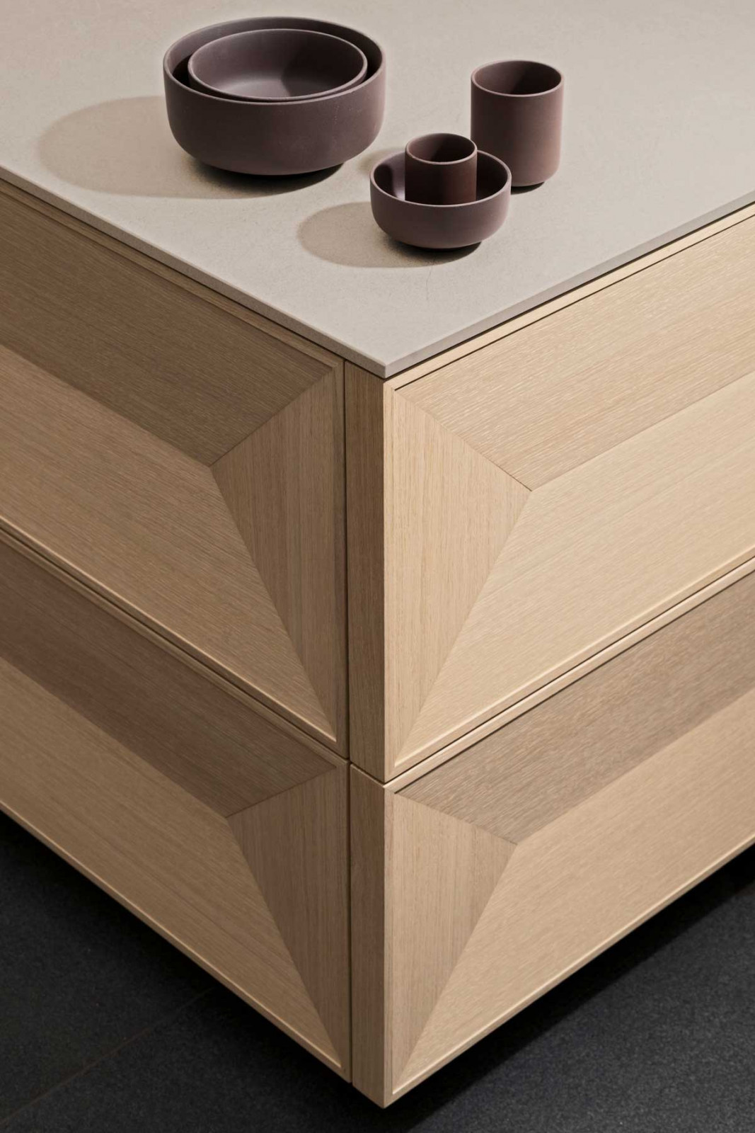 A closer shot at the faceted surface of the Taglio kitchen