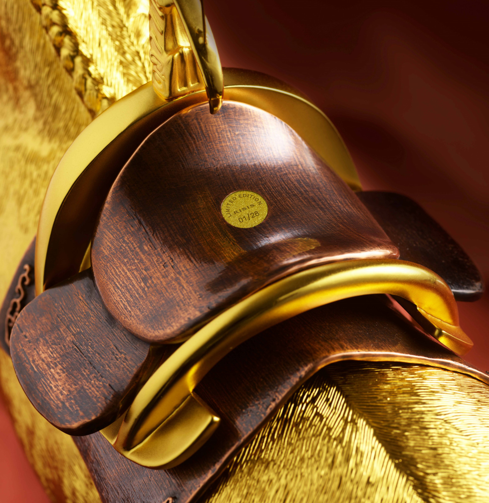 The close-up saddle detail of Aurion horse sculpture