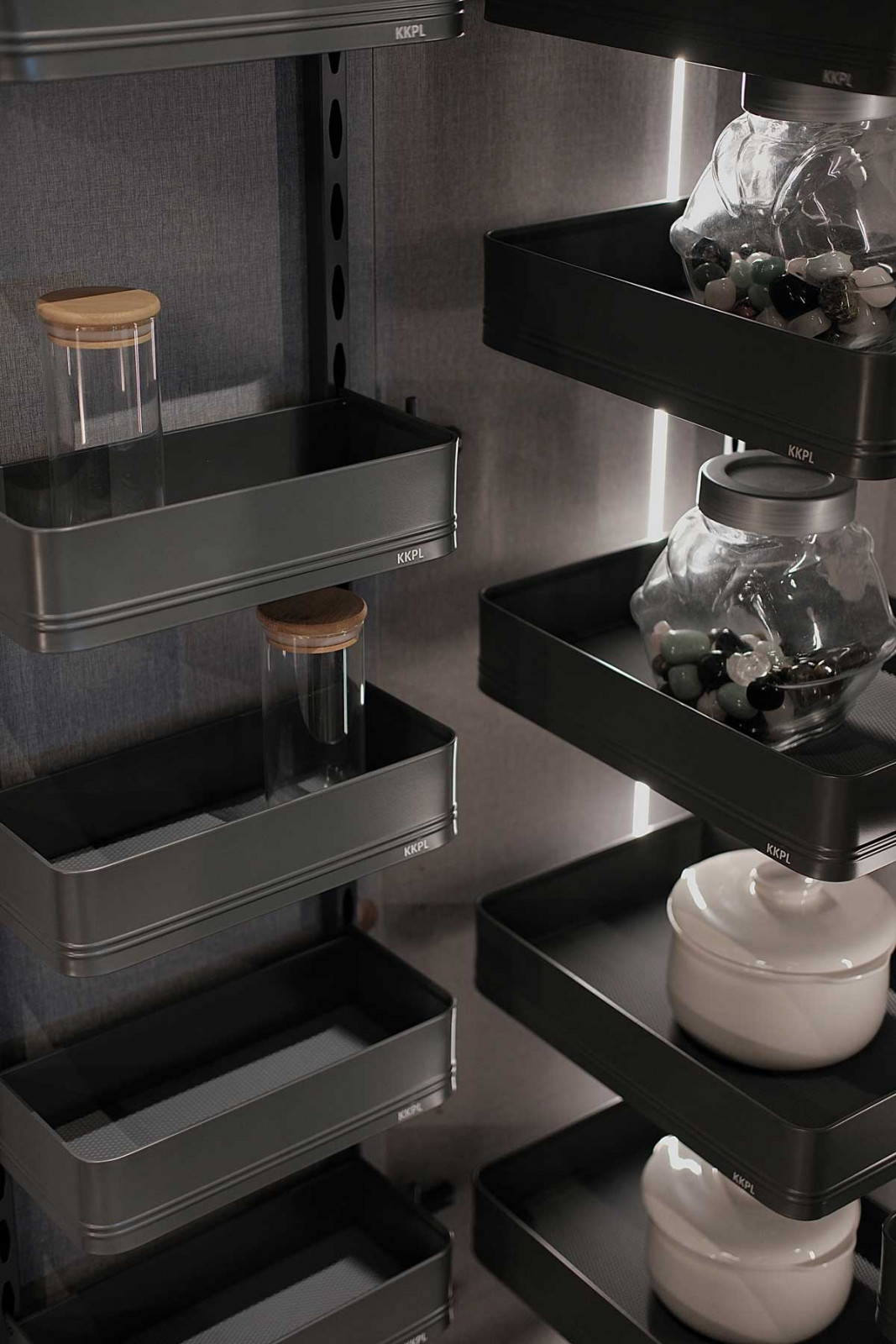 The Luxum Tall Boy Pantry Unit features a door-mounted pull-out system with 10 adjustable baskets—five on each side—for efficient, eye-level access to the pantry
