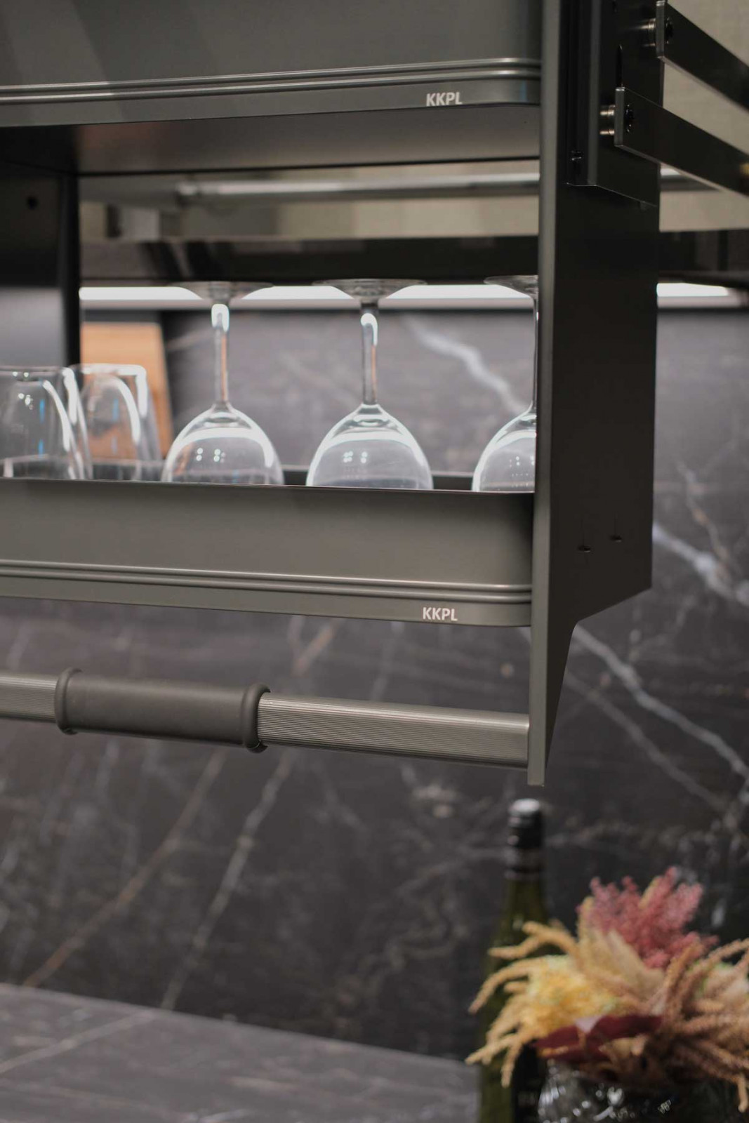 The Luxum pull-down basket helps utilise cabinet space that would otherwise be out of reach, keeping essentials organised and accessible