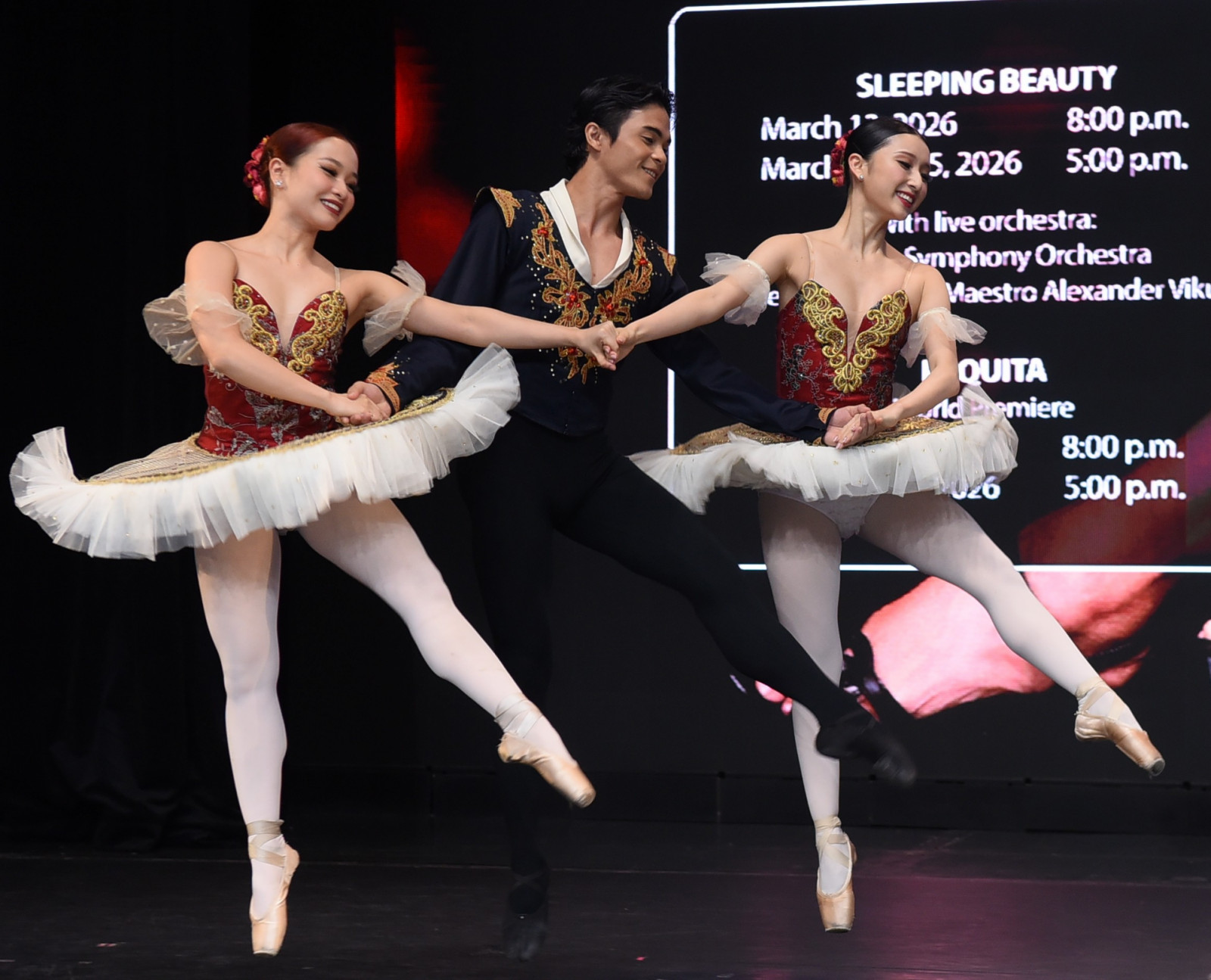 Ballet Manila principal dancer Jessica Pearl Dames with company artists Rafael Perez and Nanami Hasegawa