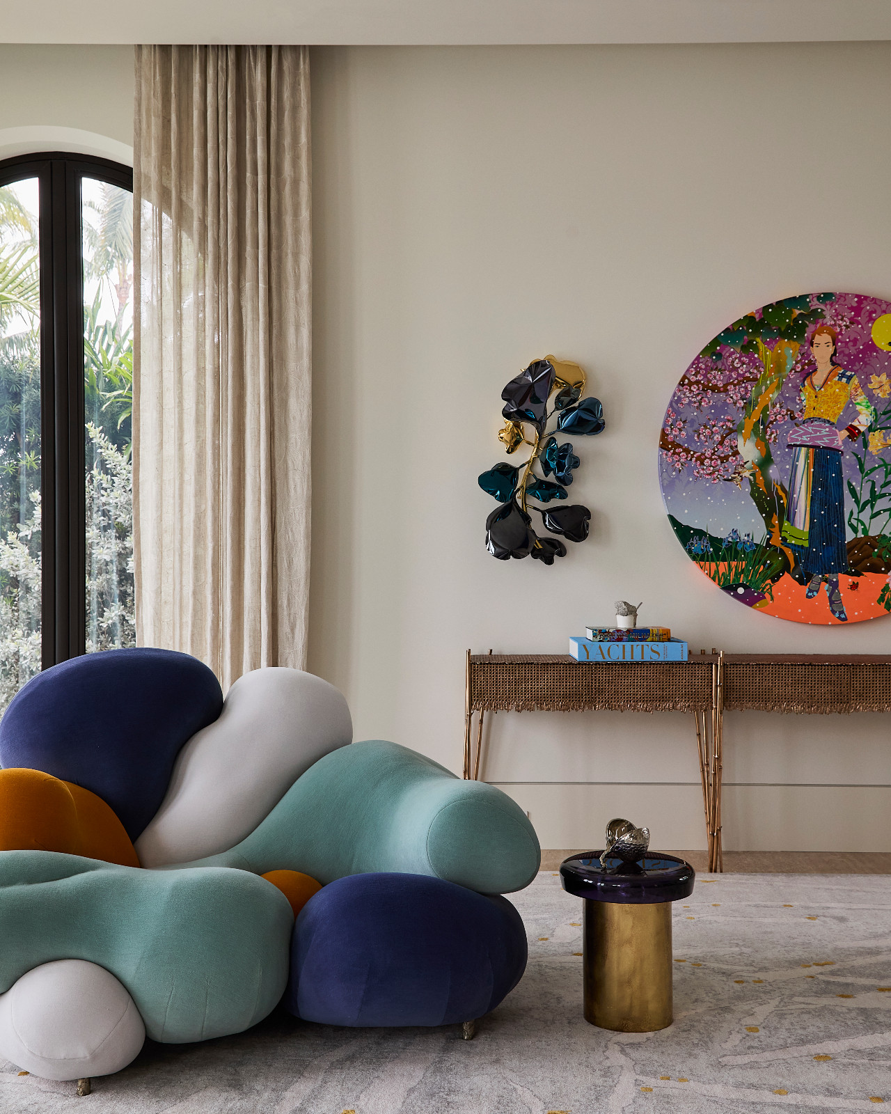 The living room in a waterfront Miami Beach home designed by Strang Architects with Pembrooke + Ives