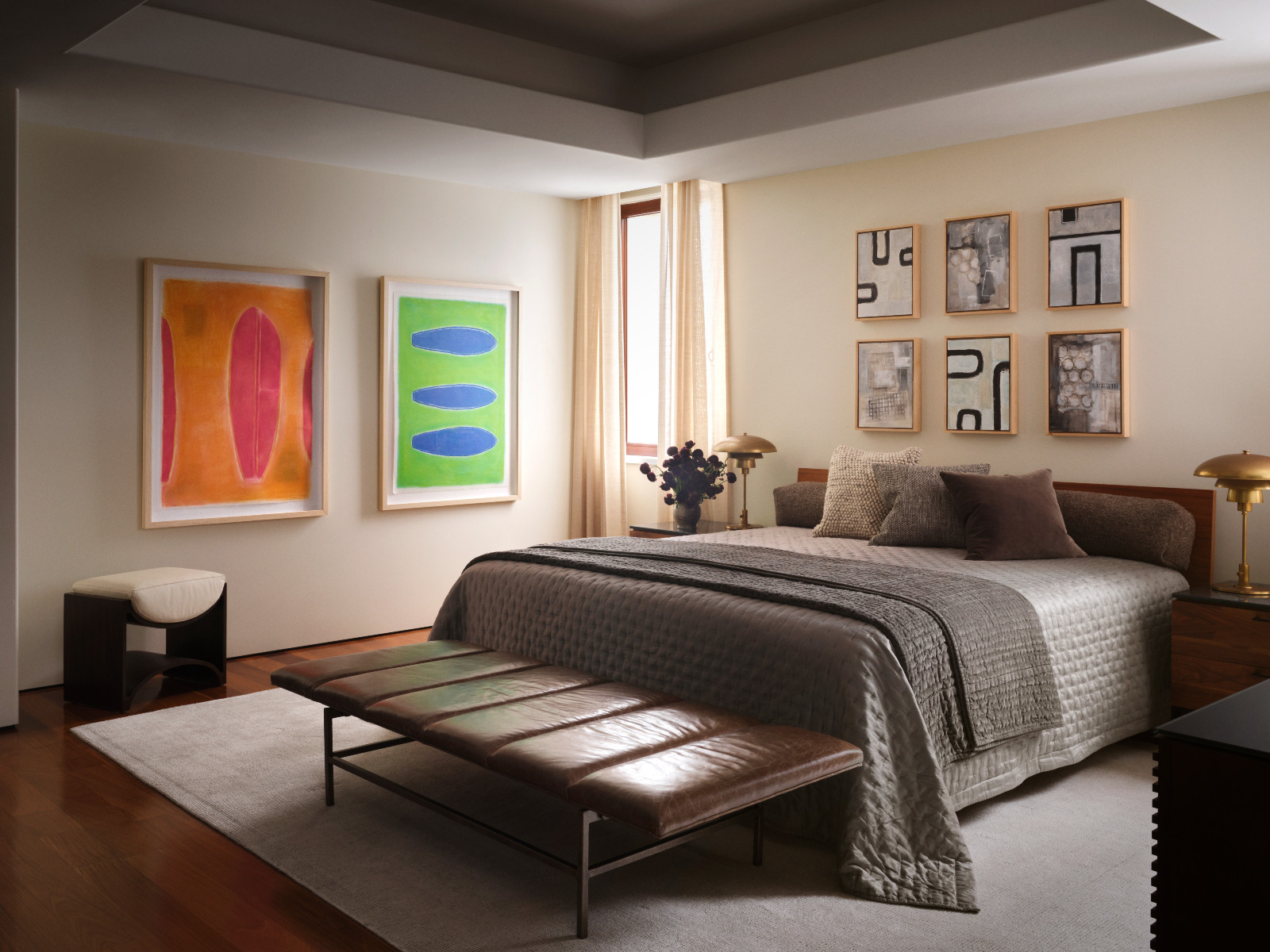 The primary bedroom in artist and interior designer Lori Brunner's La, Jolla, California family home
