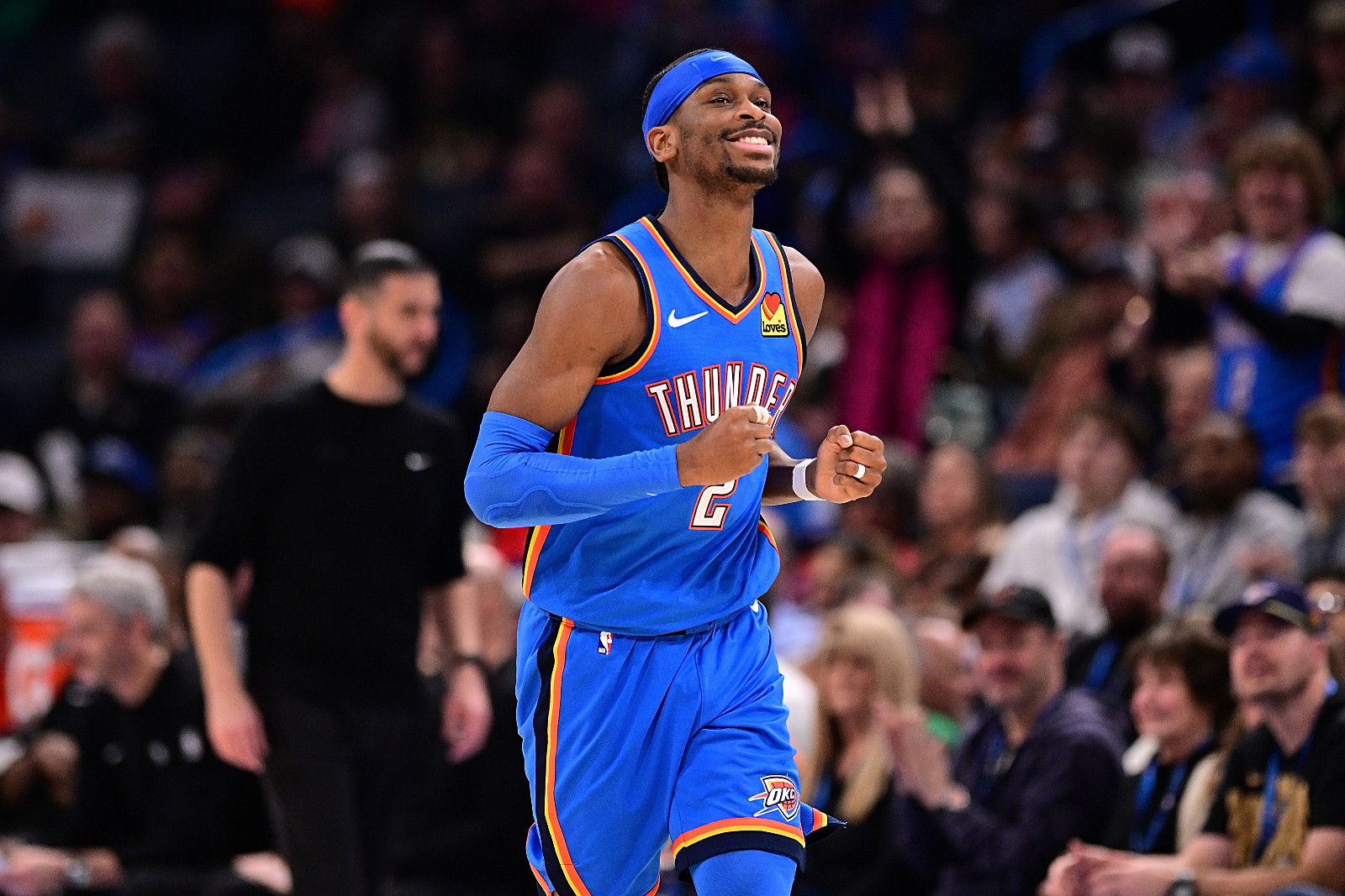 Shai Gilgeous-Alexander #2 of the Oklahoma City Thunder runs down the floor during the second half against the New Orleans Pelicans at Paycom Center on January 27, 2026 in Oklahoma City, Oklahoma. (Photo by Joshua Gateley/Getty Images)