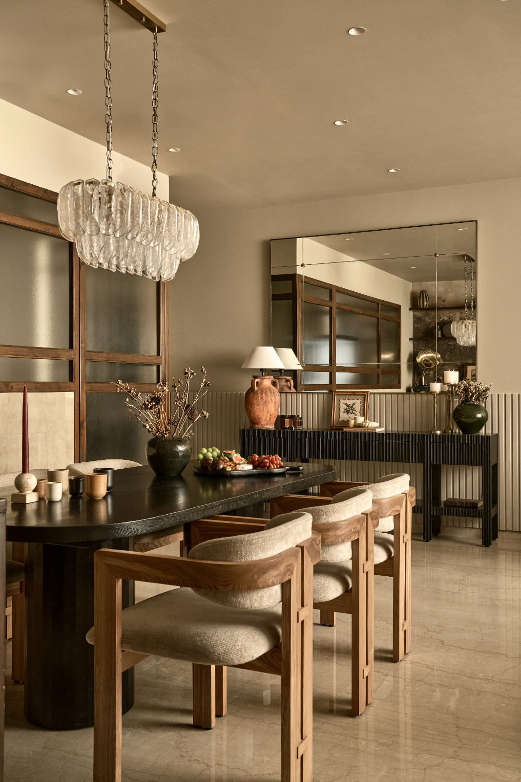 The dining room of a Mumbai, India apartment designed by Dusq Studio