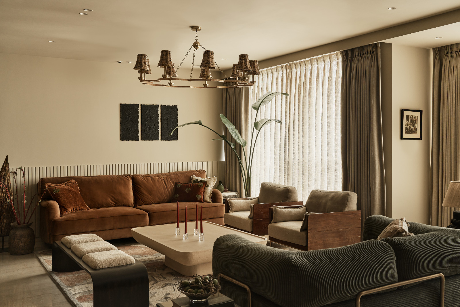 The living room of a Mumbai, India apartment designed by Dusq Studio