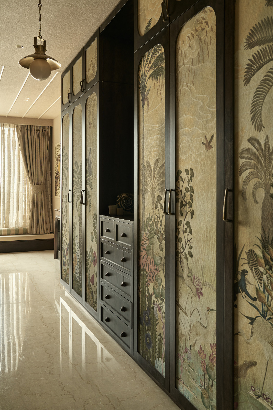 The bedroom of a Mumbai, India apartment designed by Dusq Studio