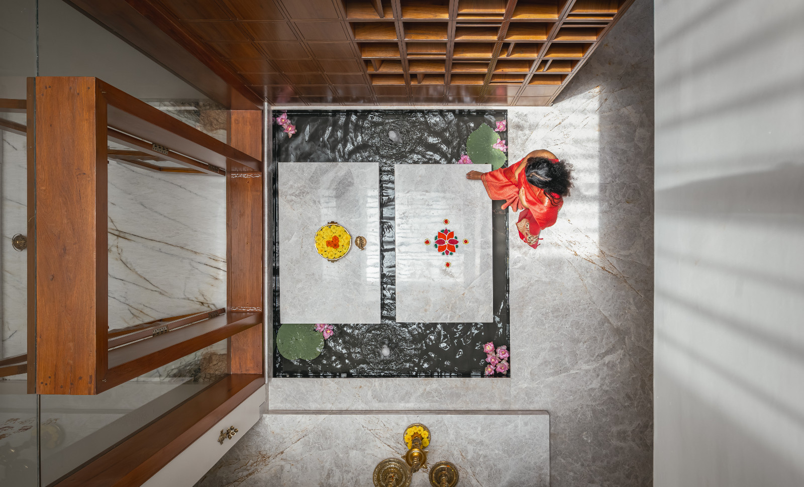 The tranquil entryway to a family home in Bengaluru, India designed by Architecture + Swath