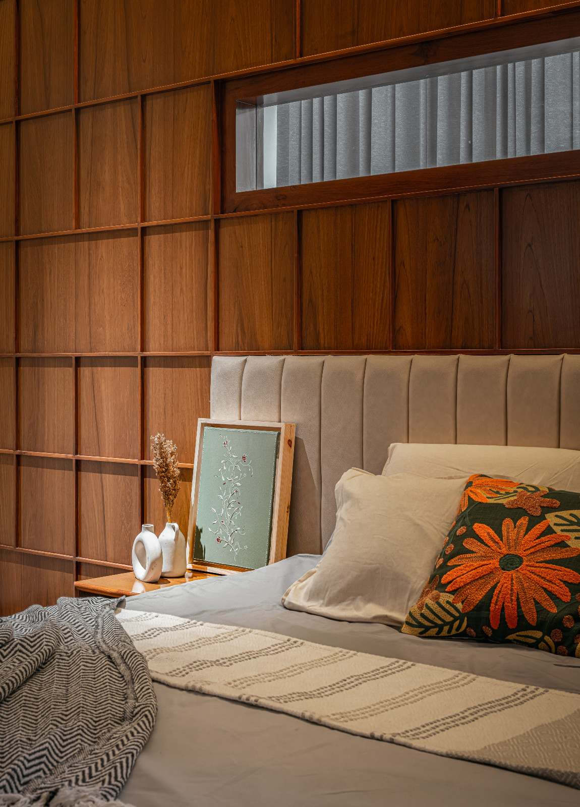 The tranquil bedroom of a family home in Bengaluru, India designed by Architecture + Swath