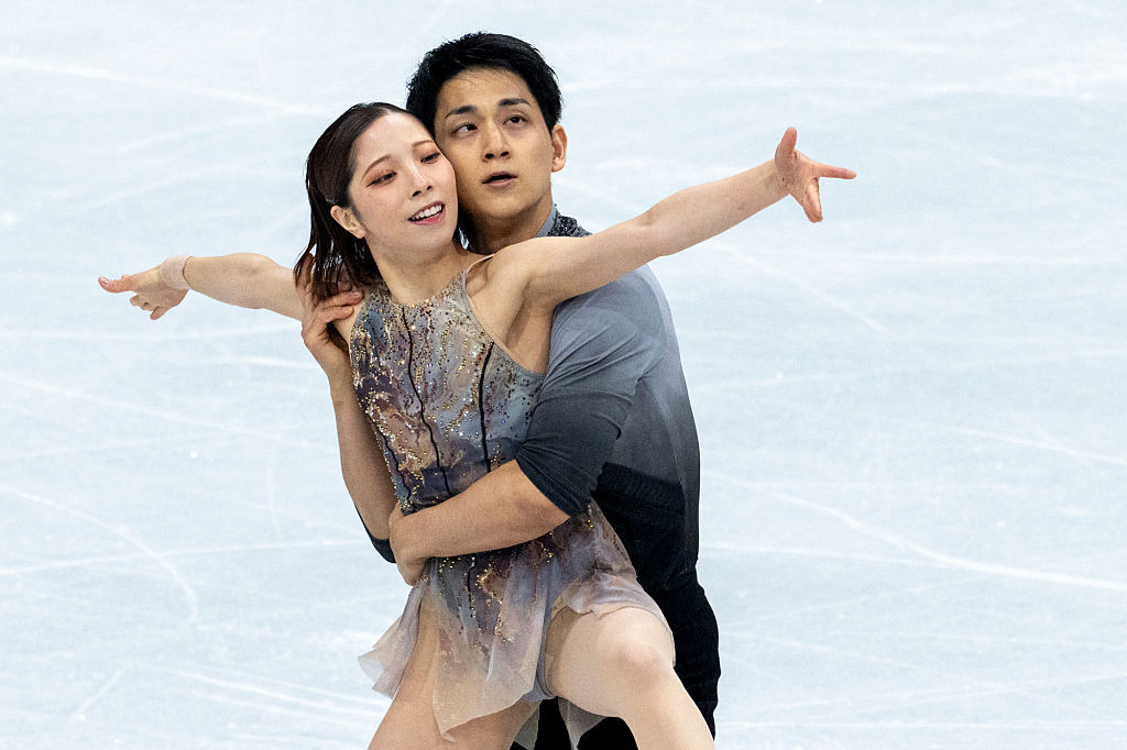 Japan's Riku Miura and Japan's Ryuichi Kihara during the figure skating pair skating free skating final during the Milano Cortina 2026 Winter Olympic Games at Milano Ice Skating Arena in Milan on February 16, 2026 (Photo by Andrzej Iwanczuk/NurPhoto via Getty Images)