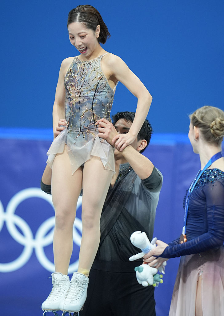 MIURA Riku and KIHARA Ryuichi from Japan react after winning gold in the Figure Skating Pair Skating - Free Skating at Milano Ice Skating Arena during the Olympic Winter Games in Milano, Italy, on February 16, 2026. (Photo by Ranjith Kumar/NurPhoto via Getty Images)