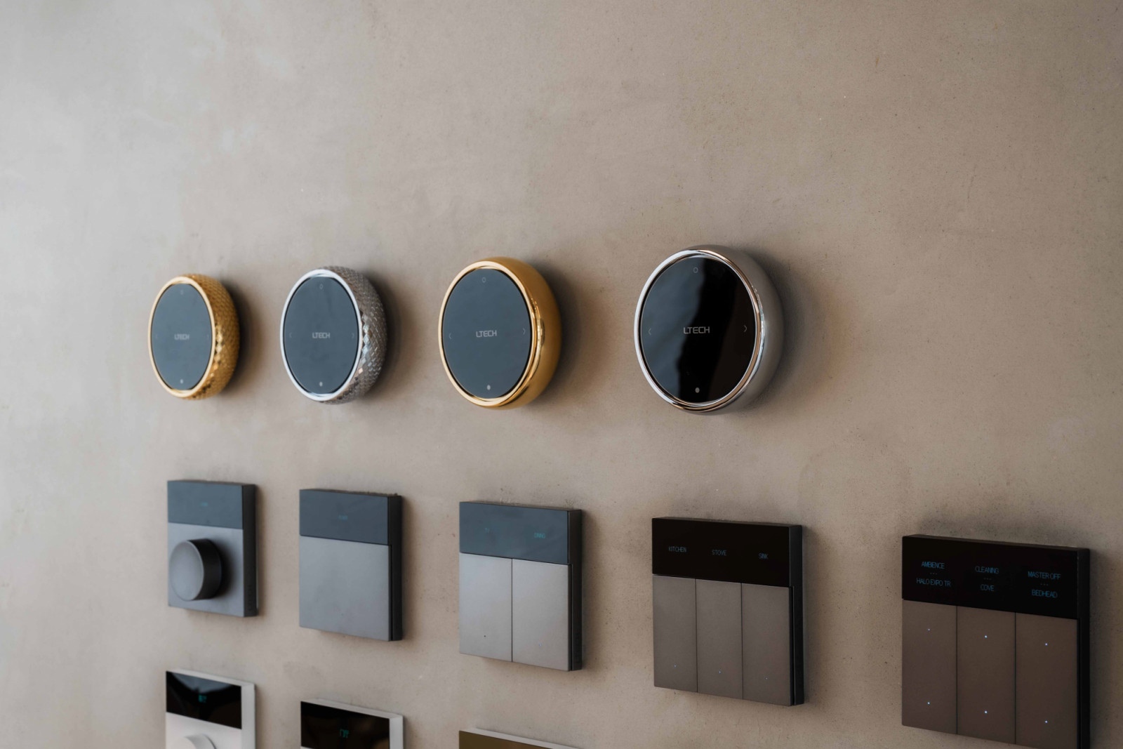 An array of Sol Luminaire’s Ltech metallic finishes is set against a muted backdrop,