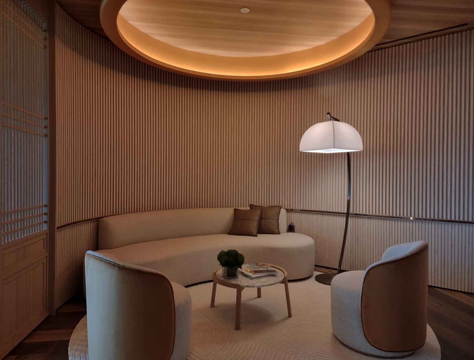 The calming reception lounge wrapped in fluted surface