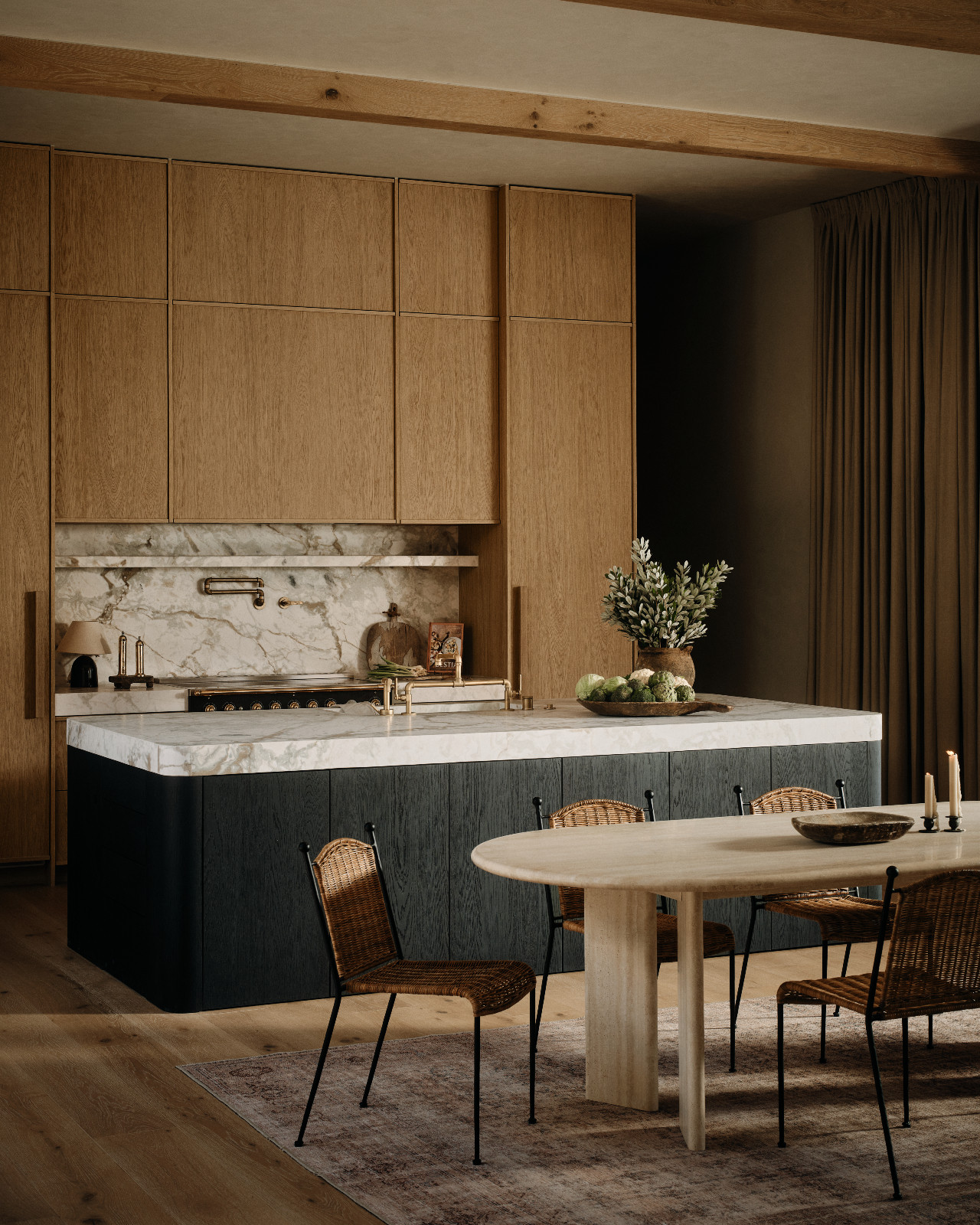 The kitchen of a Tuscan-inspired Los Angeles, California home designed by Lidan Sfadia and Edward Grigoryan