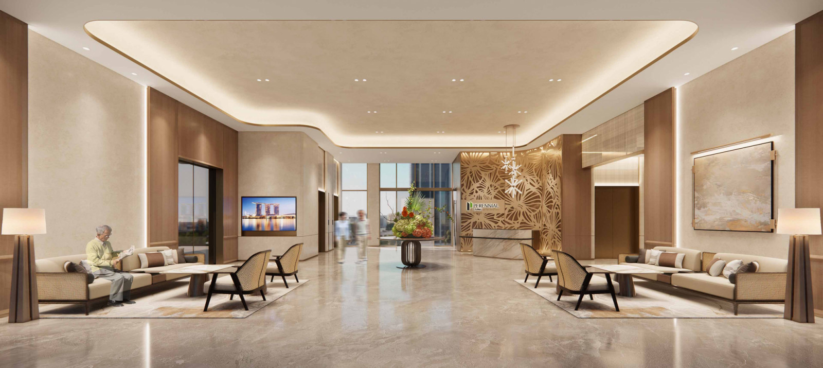 The main lobby of Perennial Living, where light wood hues and soft finishes set a warm, residential tone