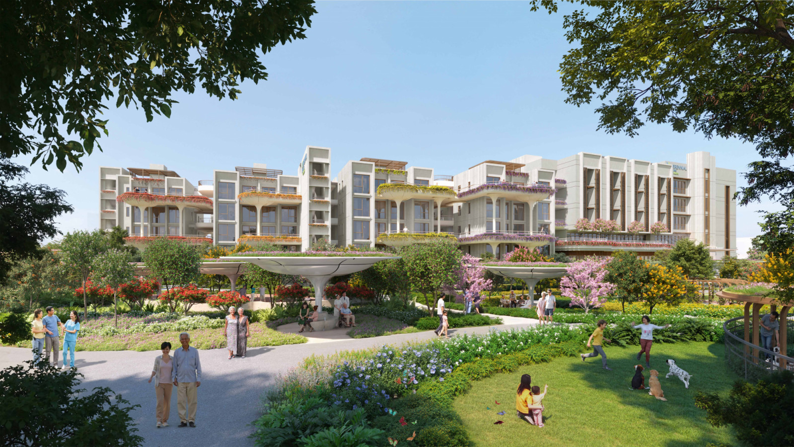 An exterior rendering by CPG showcasing Perennial Living’s multi-level sky gardens