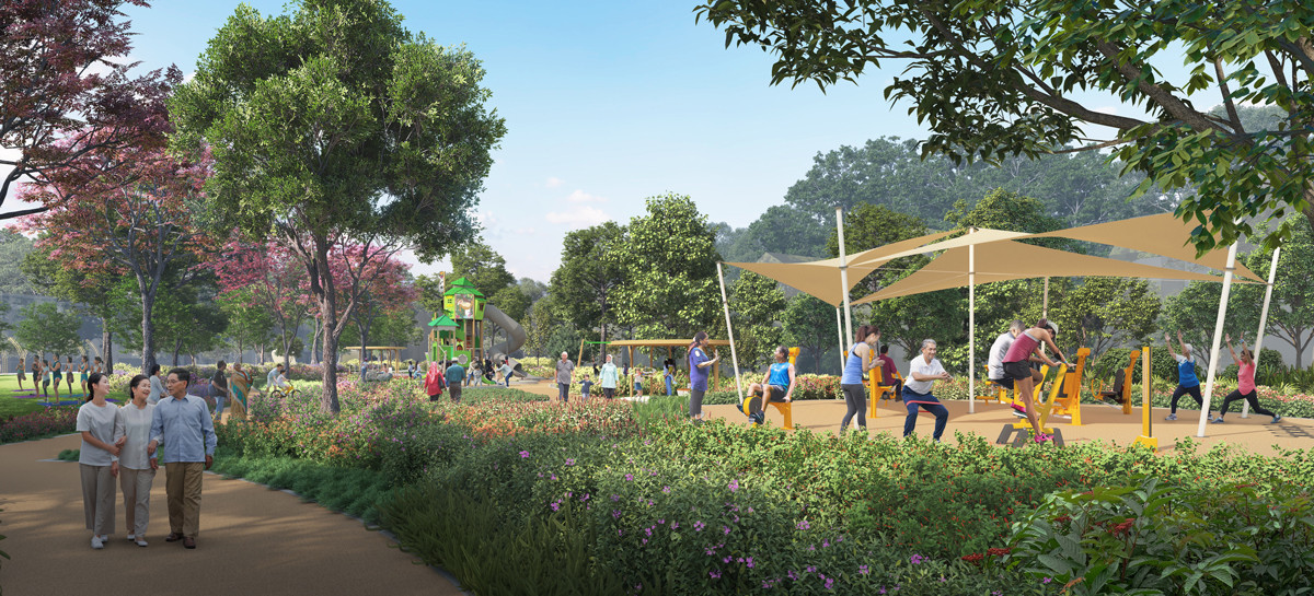 The nature playground with senior-friendly fitness stations, encouraging movement and intergenerational interaction