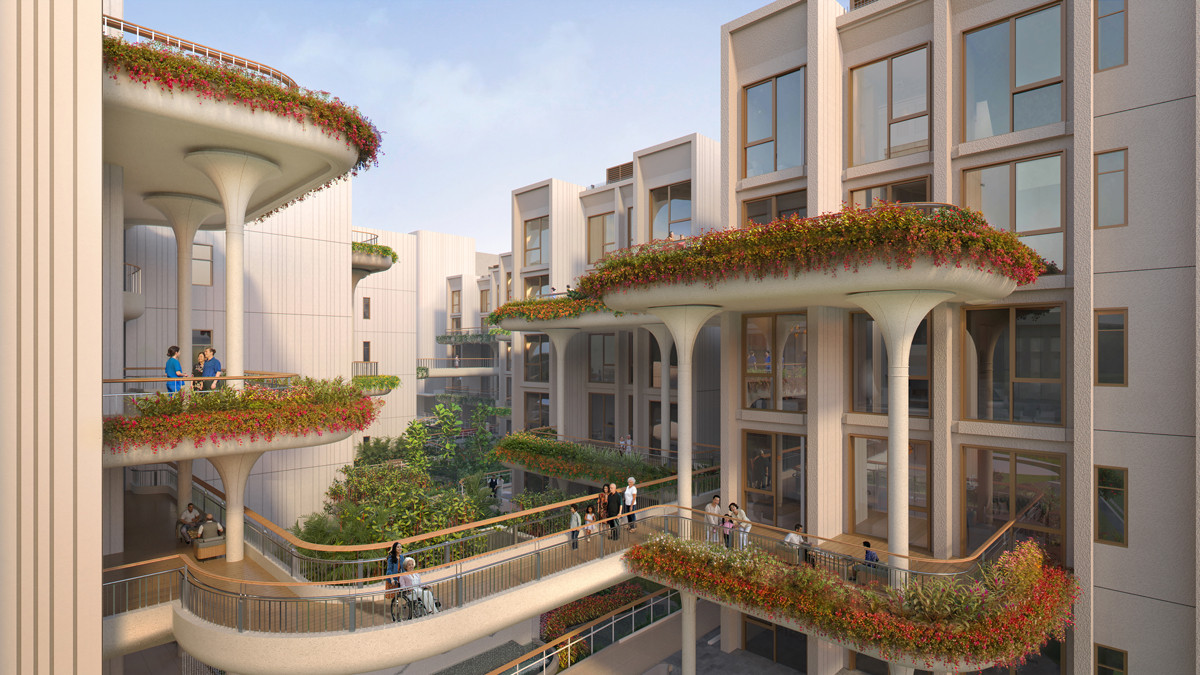 The sky terraces and link bridges facilitate circulation and visual continuity across the multi-block development