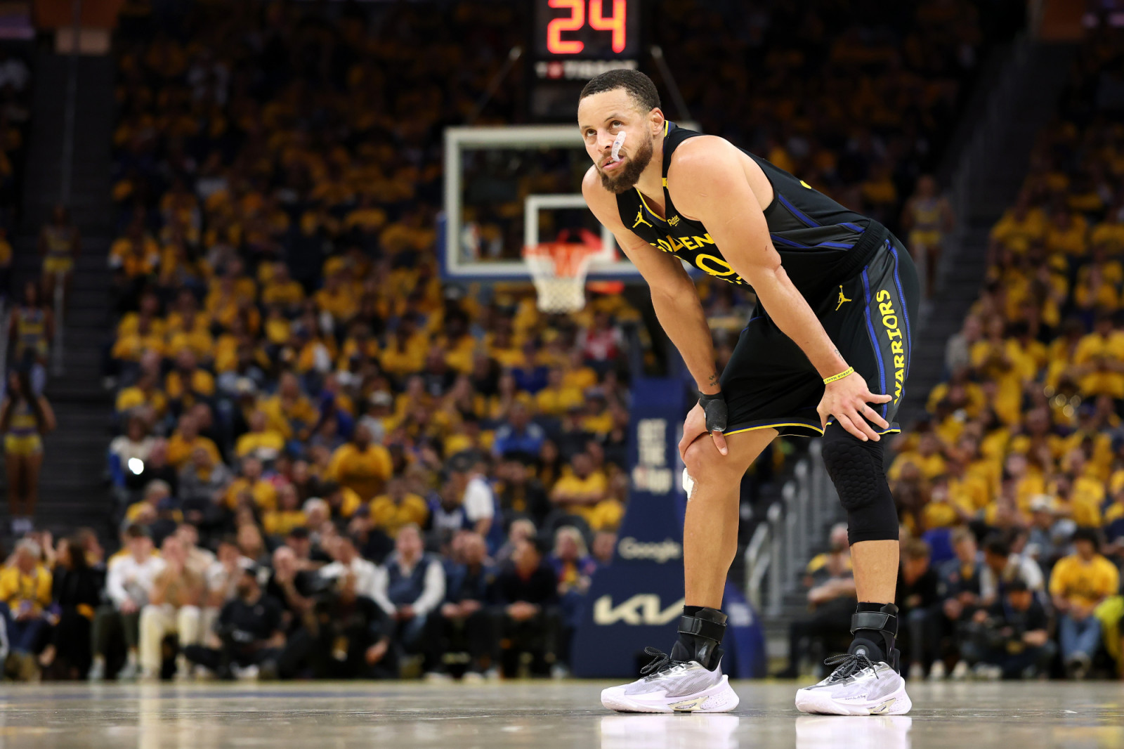 Stephen Curry #30 of the Golden State Warriors reacts against the Houston Rockets during the fourth quarter in Game Six of the Western Conference First Round NBA Playoffs at Chase Center on May 02, 2025 in San Francisco, California. (Photo by Ezra Shaw/Getty Images)