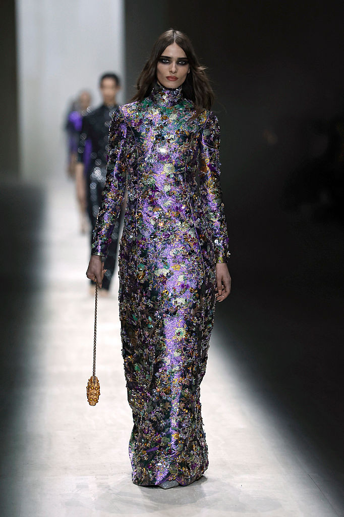 MILAN, ITALY - FEBRUARY 27: A model walks the runway at the Gucci fashion show during the Milan Fashion Week - Womenswear Fall/Winter 2026/2027 on February 27, 2026 in Milan, Italy. (Photo by Estrop/Getty Images)