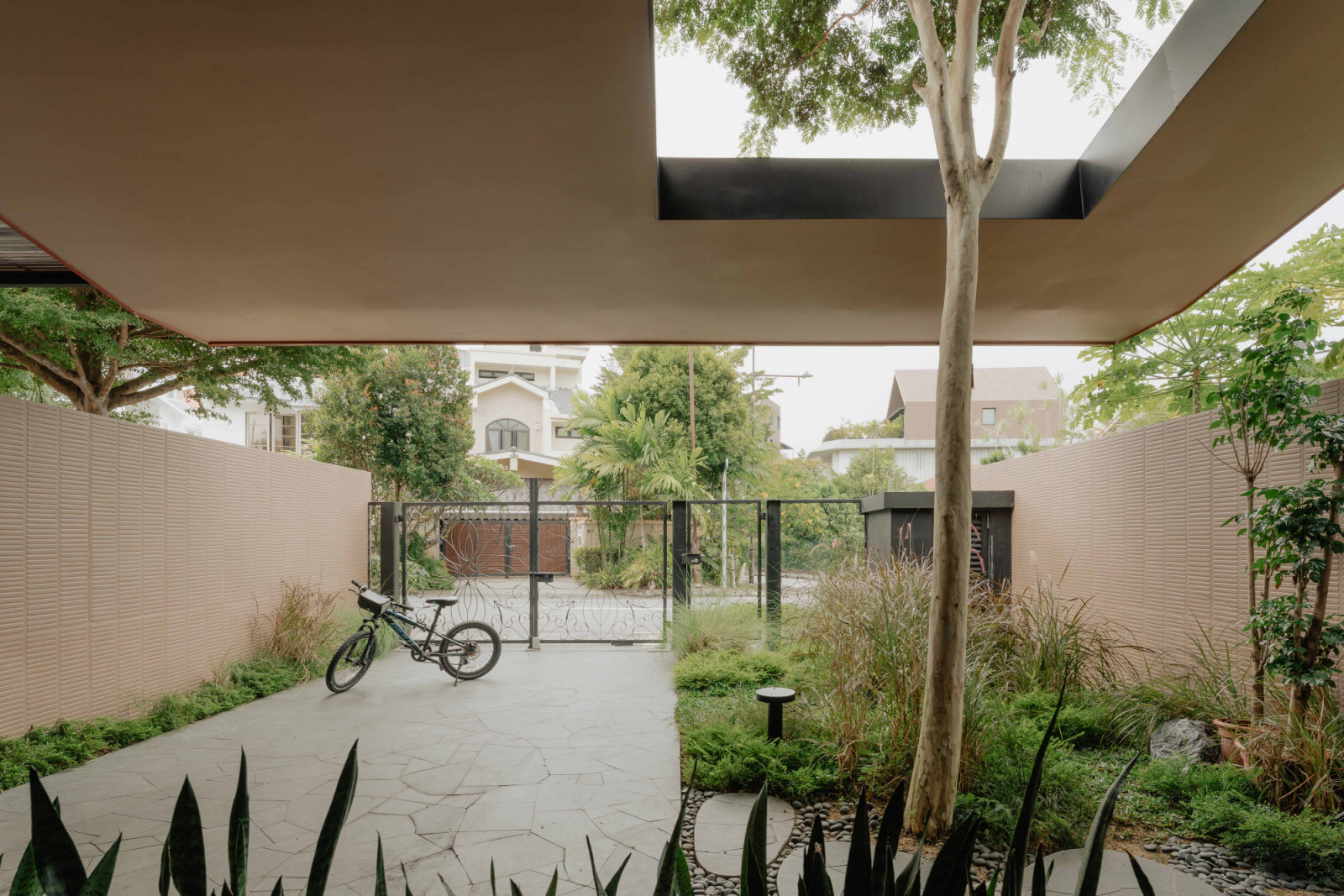 The cantilevered edge of the giant roof forms a low carport canopy, punctured with an opening that allows a tree to grow through and cast dappled shade below