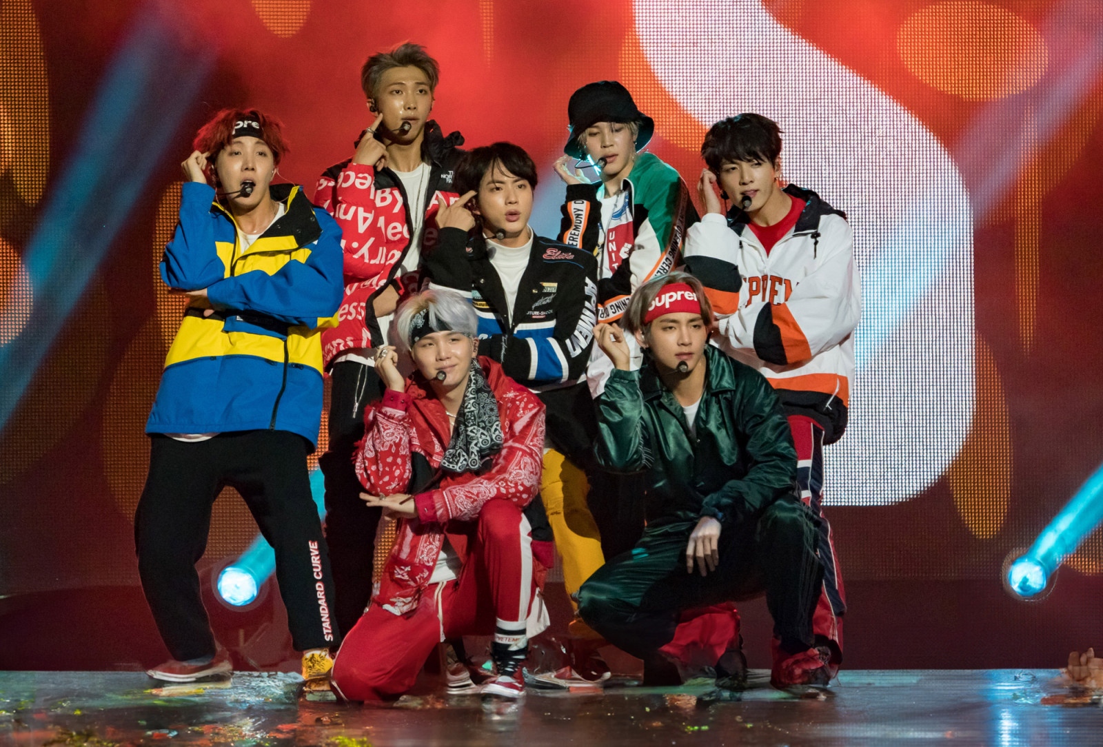 LOS ANGELES, CA - NOVEMBER 15: Korean K-pop band 'BTS' are seen at 'Jimmy Kimmel Live' on November 15, 2017 in Los Angeles, California. (Photo by RB/Bauer-Griffin/GC Images)