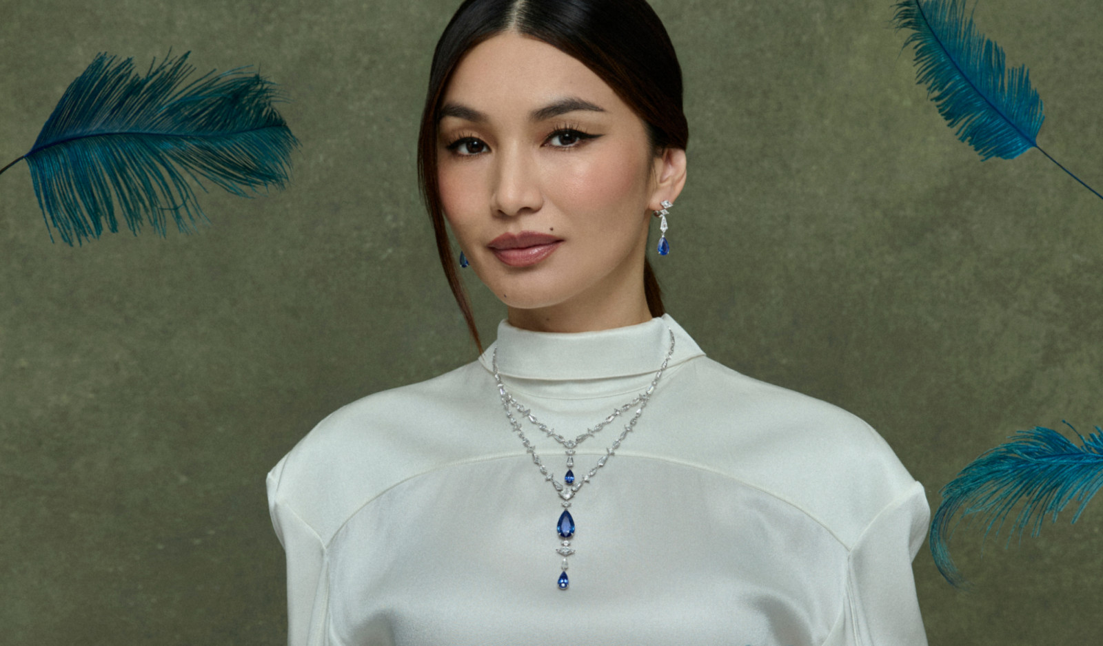 Gemma Chan wears Cartier En Équilibre Parcae necklace, bracelet and earrings; Louis Vuitton shirt and trousers