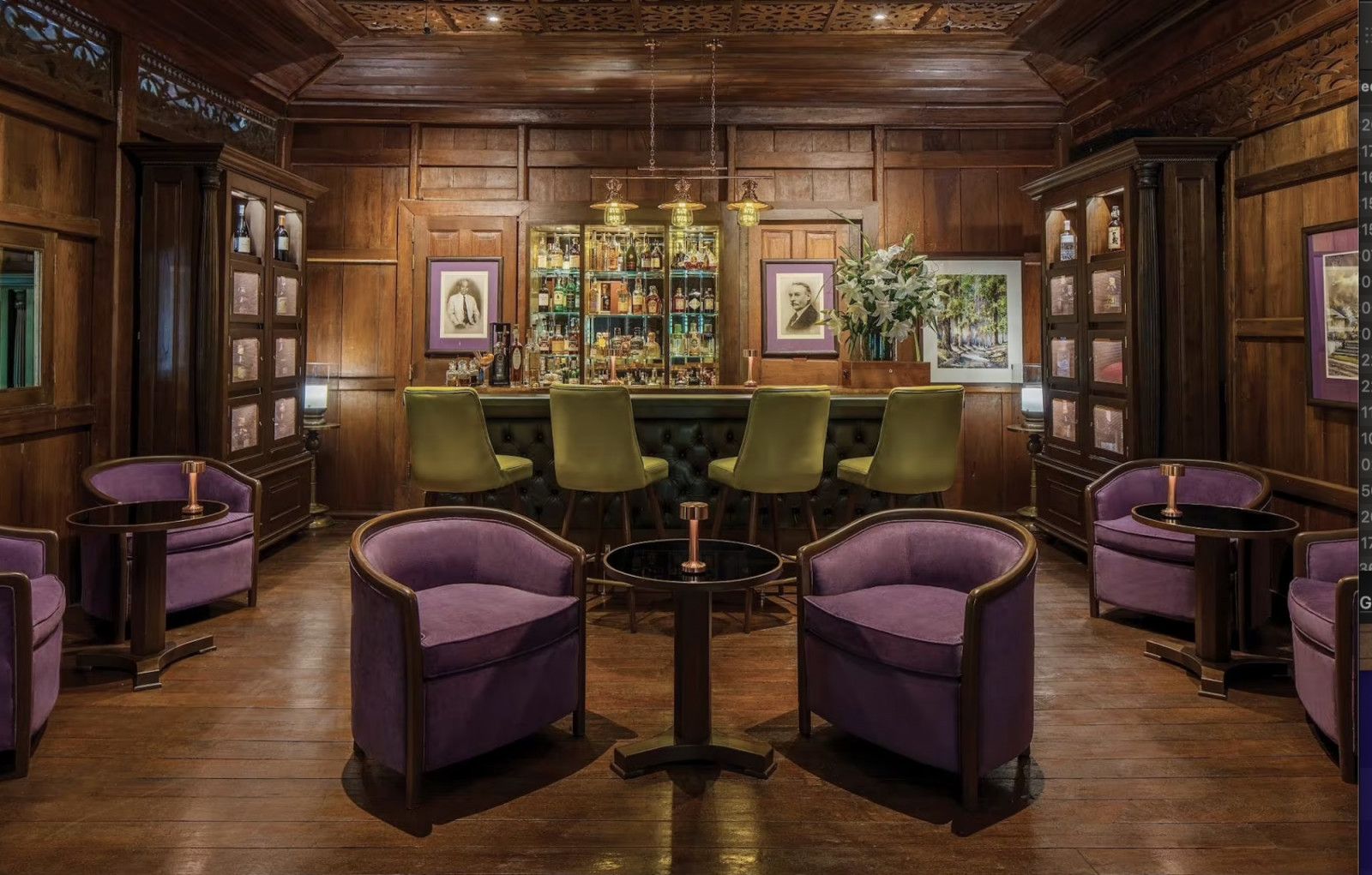 Jack Bain’s Bar, set within the original 1889 teak house, is named after the last private owner of the compound
