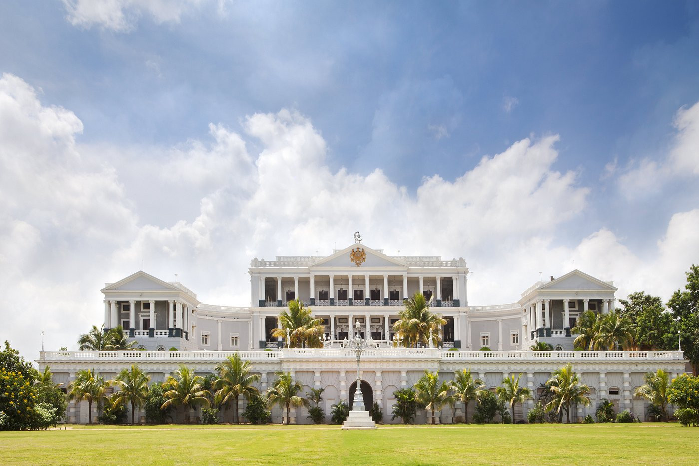 The Italian and Tudor facade of Taj Falaknuma Palace, Hyderabad, designed by British architect William Ward Marret and completed in 1893 after nine years of construction