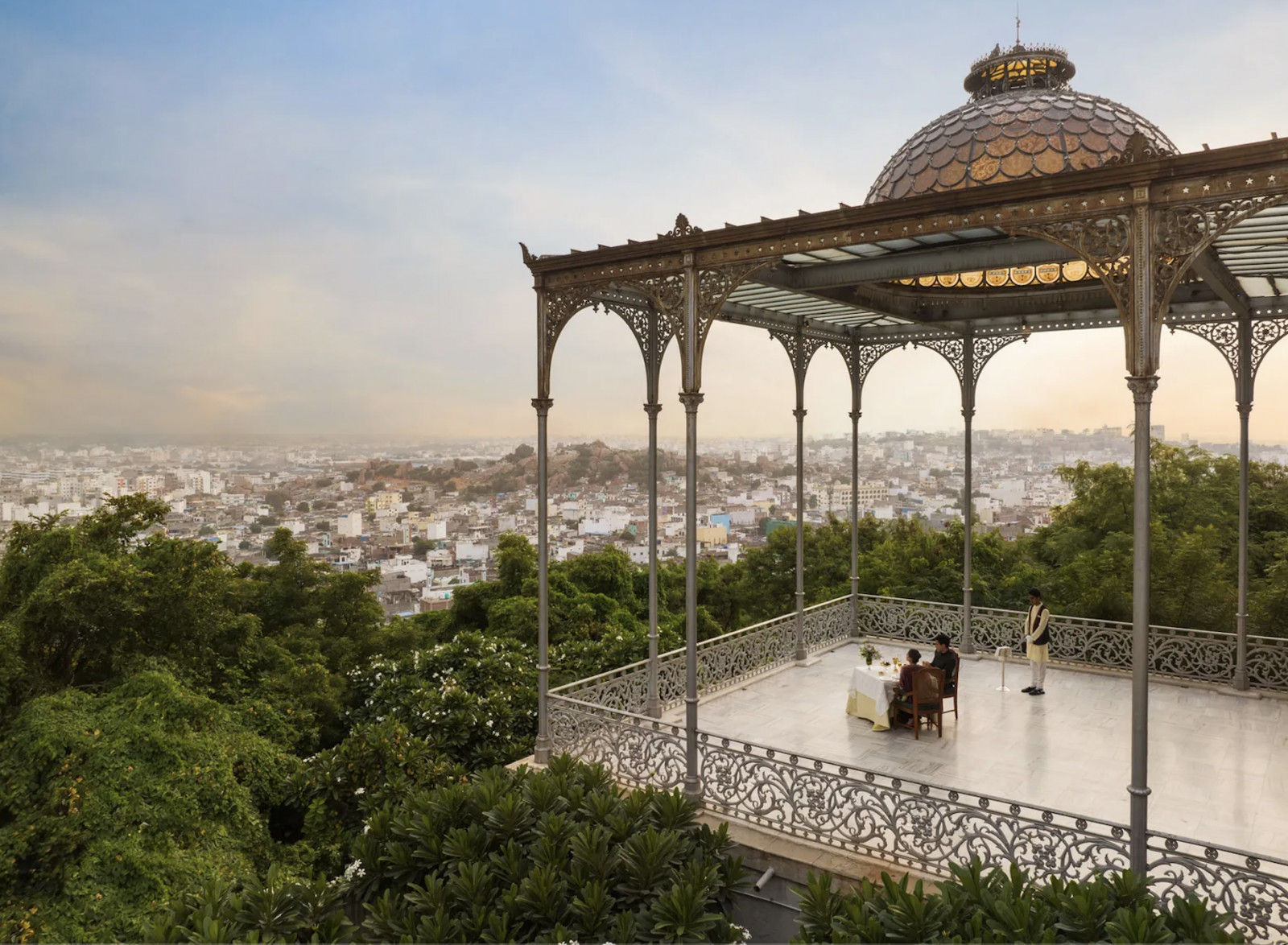 A cast-iron pavilion on the palace's hilltop terrace, with Hyderabad spread below