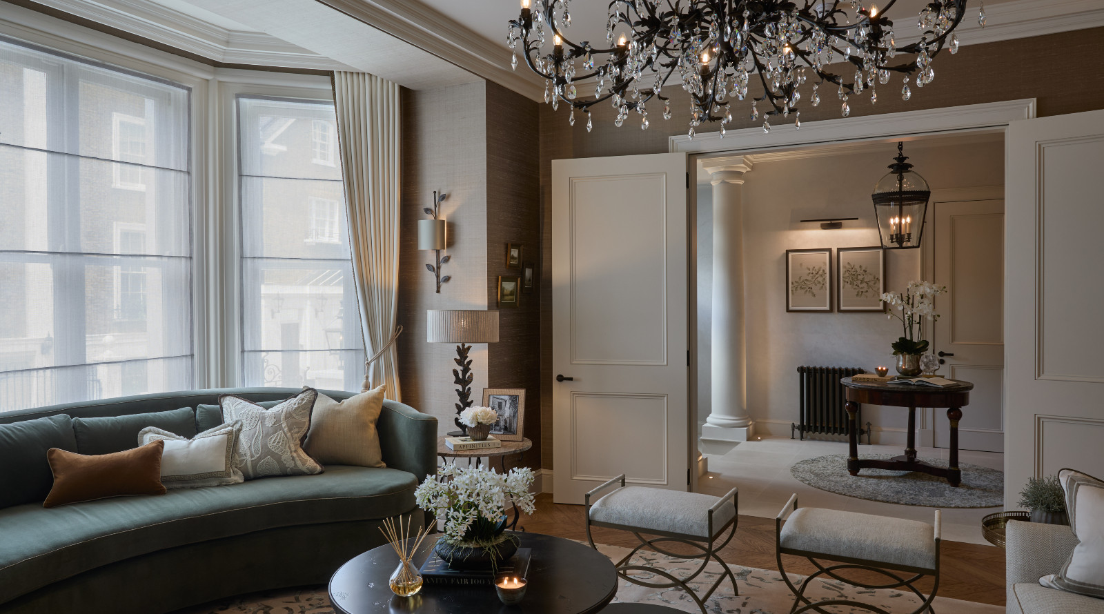 The living room in a renovated Georgian home in London, England designed by Sophie Paterson Interiors