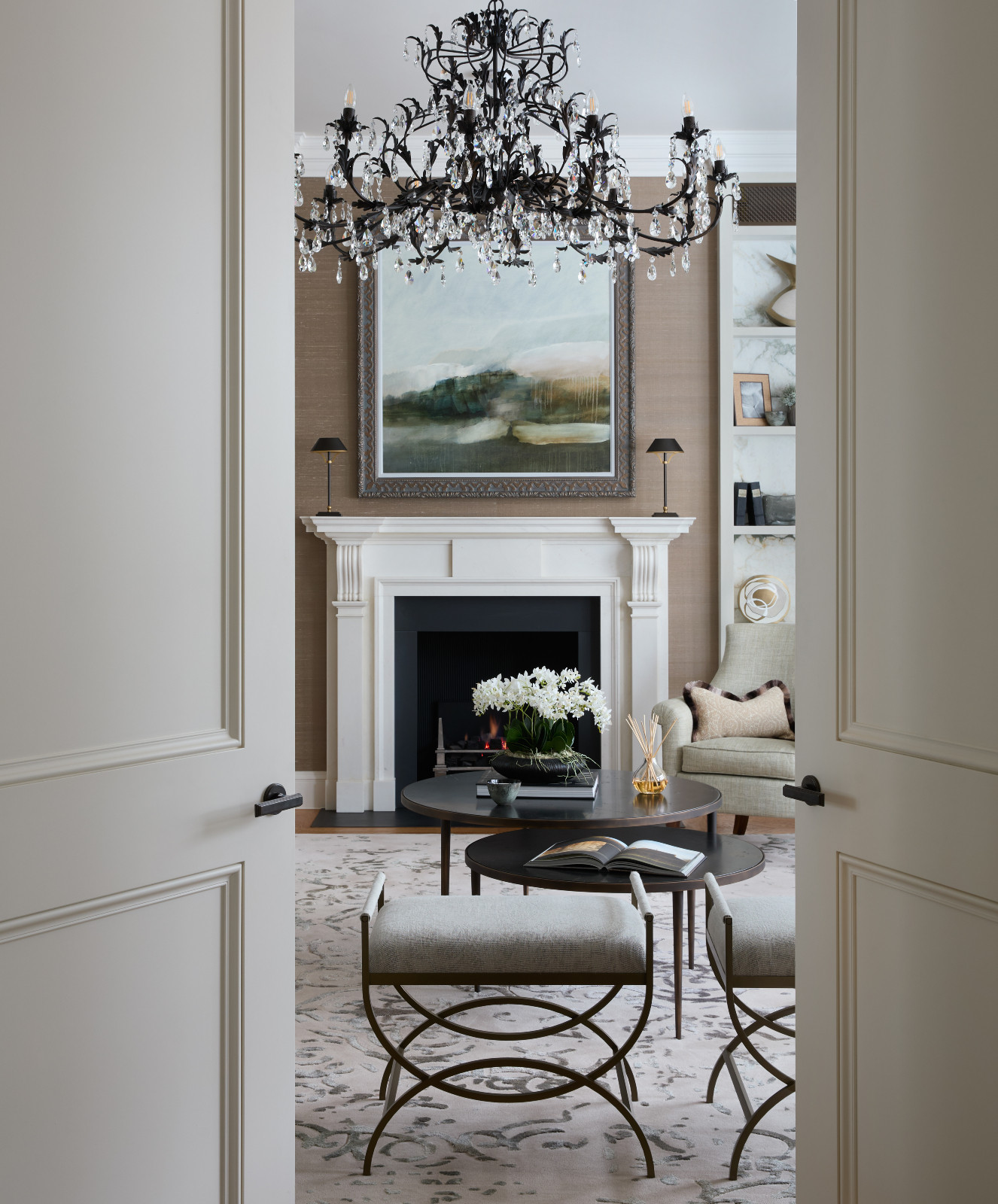The living room in a renovated Georgian home in London, England designed by Sophie Paterson Interiors