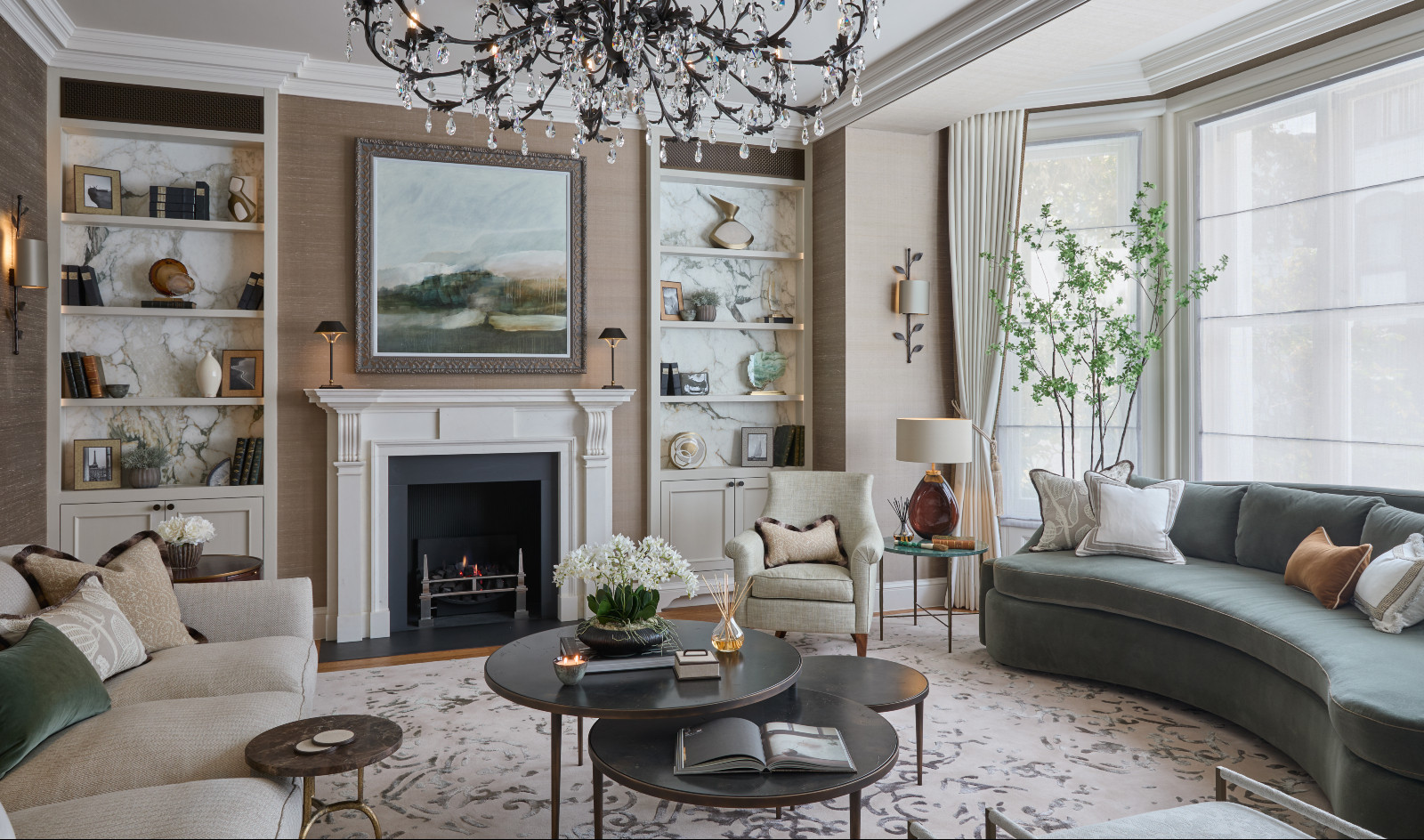 The living room in a renovated Georgian home in London, England designed by Sophie Paterson Interiors